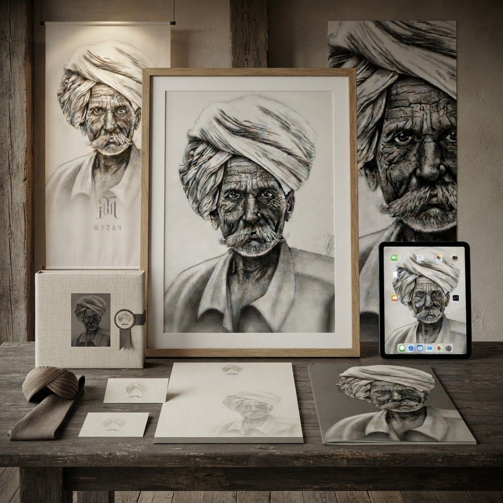 AI Design for Brand application mockup concept for Create a high-impact marketing campaign visual featuring a hyper-realistic charcoal portrait of an elderly man wearing a traditional turban to evoke timeless wisdom and authentic heritage.. Multiple branded touchpoints in one refined composition, such as stationery, packaging, digital screen, signage, or apparel, realistic materials, no invented readable copy.

Feature the product (Heritage Portrait) from the attached product reference image as the central subject — preserve its shape, color, logos, and details with full fidelity. A detailed monochromatic graphite drawing of an elderly man wearing a large, wrapped turban. The portrait captures deep facial wrinkles, a thick mustache, and a collared shirt in a realistic, hand-drawn art style.