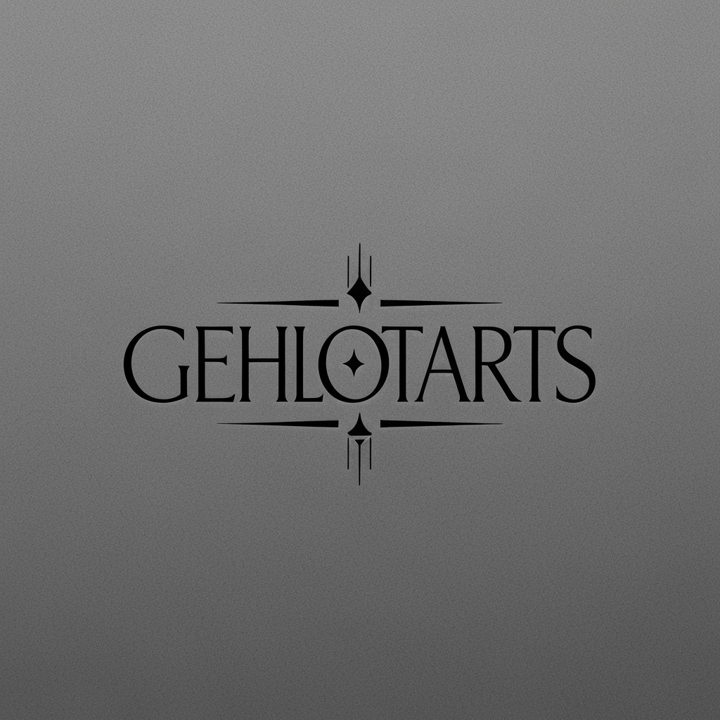 AI Design for A sophisticated and minimalist logo design for Gehlot Arts, featuring elegant serif typography and a subtle, artistic emblem. The aesthetic is luxurious and premium, rendered in a deep matte black against a clean, high-texture charcoal background to create a rich, tactile feel.