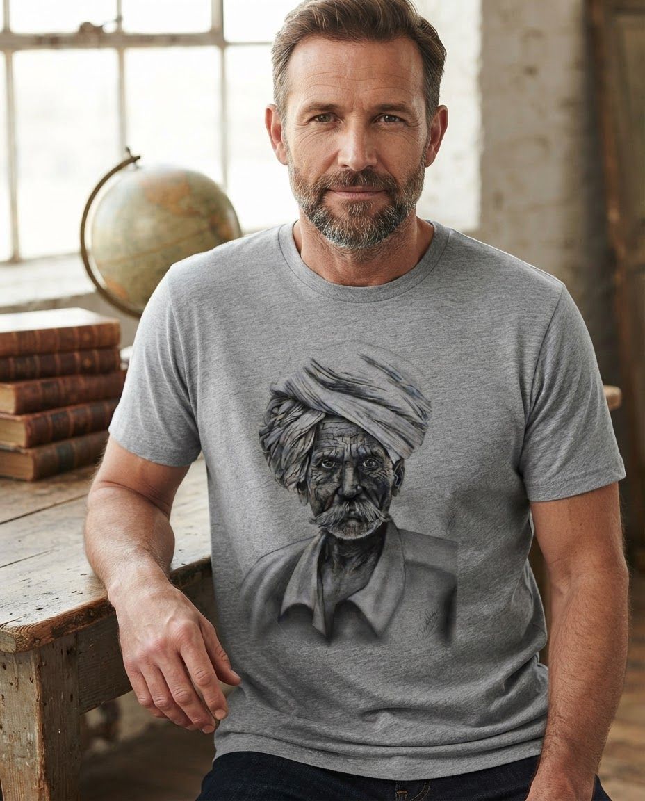 AI Design for Premium apparel mockup concept for Create a high-impact marketing campaign visual featuring a hyper-realistic charcoal portrait of an elderly man wearing a traditional turban to evoke timeless wisdom and authentic heritage.. Logo or brand graphic applied to a high-quality t-shirt, tote, cap, or hoodie in a realistic lifestyle scene, natural fabric folds, accurate placement, no extra typography.

Feature the product (Heritage Portrait) from the attached product reference image as the central subject — preserve its shape, color, logos, and details with full fidelity. A detailed monochromatic graphite drawing of an elderly man wearing a large, wrapped turban. The portrait captures deep facial wrinkles, a thick mustache, and a collared shirt in a realistic, hand-drawn art style.