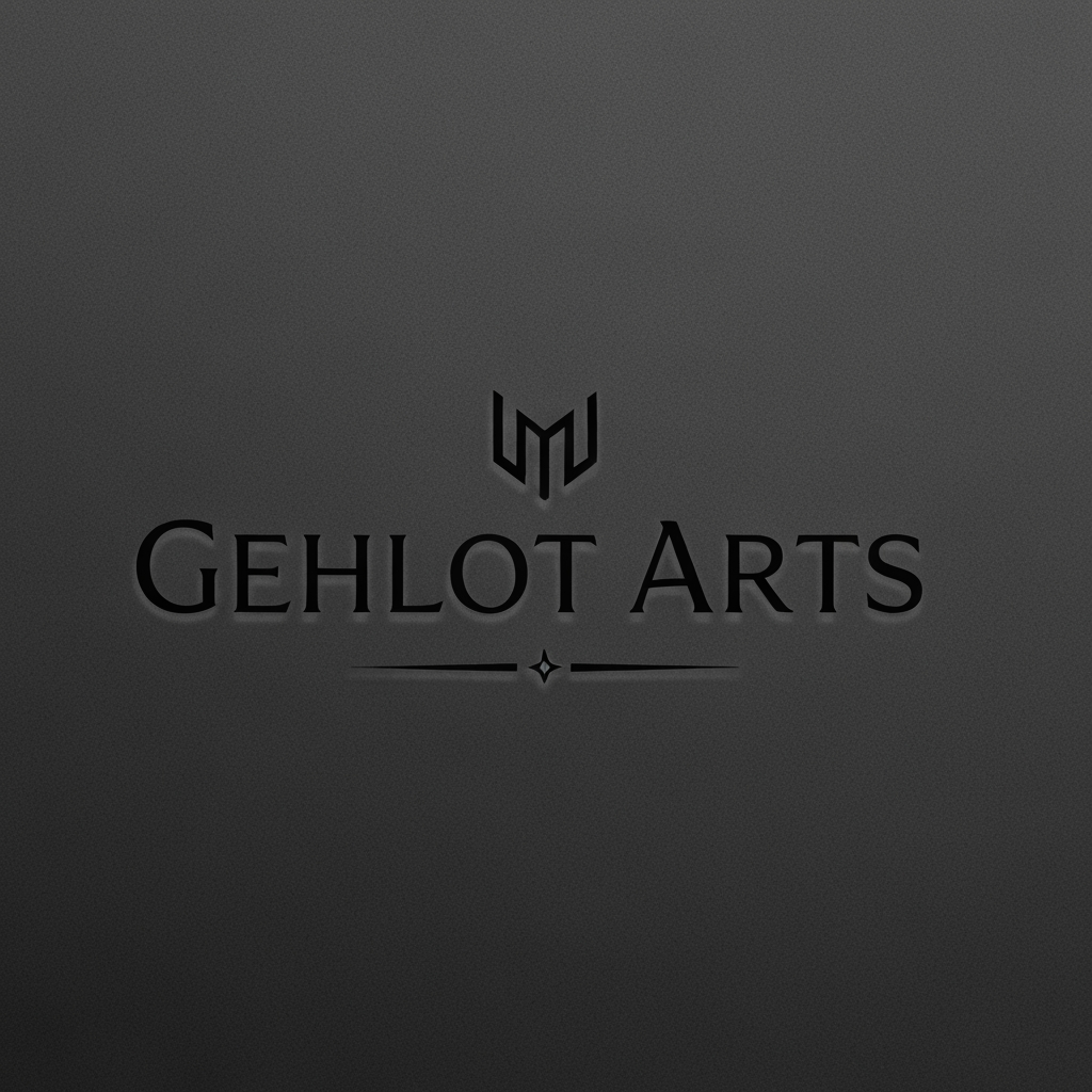AI Design for A sophisticated and minimalist logo design for Gehlot Arts, featuring elegant serif typography and a subtle, artistic emblem. The aesthetic is luxurious and premium, rendered in a deep matte black against a clean, high-texture charcoal background to create a rich, tactile feel.