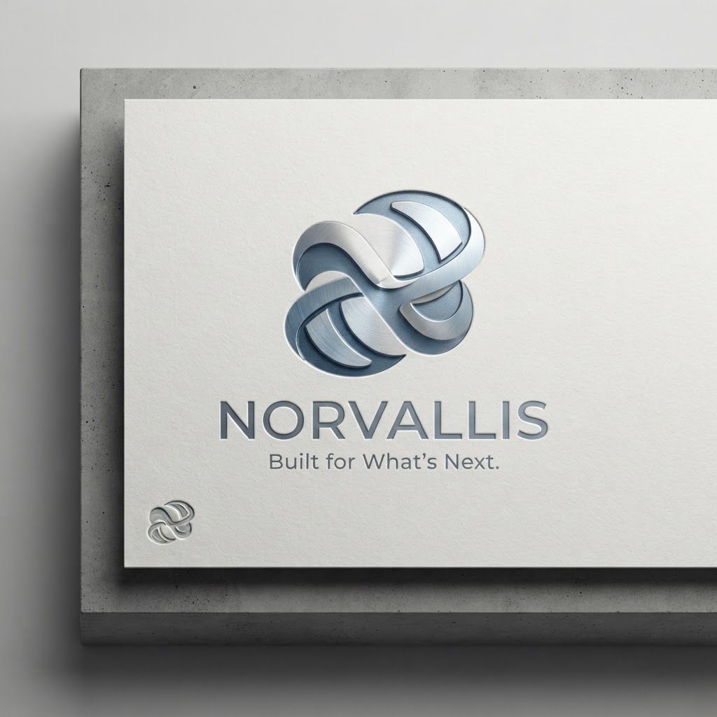 AI Design for Premium logo presentation mockup concept for Create a minimal, futuristic logo symbol for Norvallis using fluid geometric curves and negative space to embody evolution, progress, and an intelligent, forward-moving system.. Logo or brand mark displayed on a clean neutral surface with subtle depth, refined shadow, precise alignment, elegant design-studio presentation, no extra readable text.

Incorporate the attached brand element reference image (Reference A: brand element "Norvallis") into the composition where natural — preserve the depicted brand element's appearance.