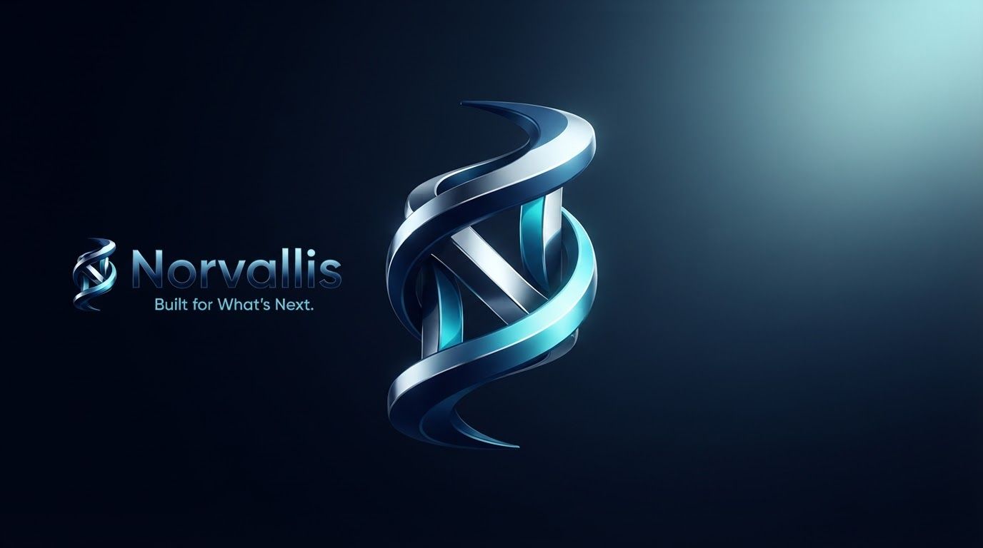 AI Design for Website hero image concept for Create a minimal, futuristic logo symbol for Norvallis using fluid geometric curves and negative space to embody evolution, progress, and an intelligent, forward-moving system.. Wide polished digital brand visual, clear focal identity element, cohesive colors and atmosphere, generous negative space for headline and CTA to be added later, no rendered UI text.

Incorporate the attached brand element reference image (Reference A: brand element "Norvallis") into the composition where natural — preserve the depicted brand element's appearance.