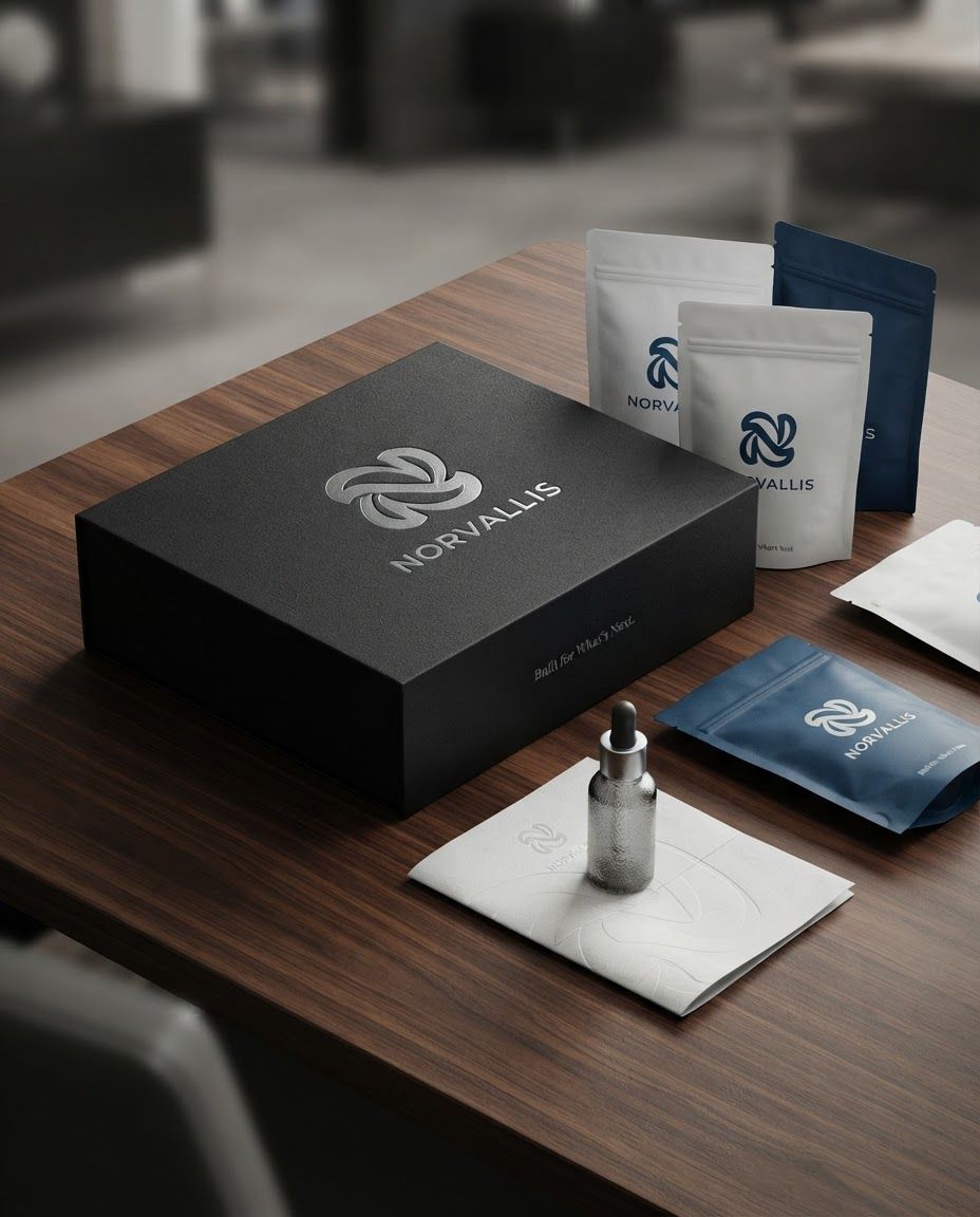 AI Design for Premium packaging mockup concept for Create a minimal, futuristic logo symbol for Norvallis using fluid geometric curves and negative space to embody evolution, progress, and an intelligent, forward-moving system.. Brand identity applied to realistic boxes, pouches, labels, wraps, or bags as appropriate, polished tabletop scene, tactile materials, no invented readable copy.

Incorporate the attached brand element reference image (Reference A: brand element "Norvallis") into the composition where natural — preserve the depicted brand element's appearance.