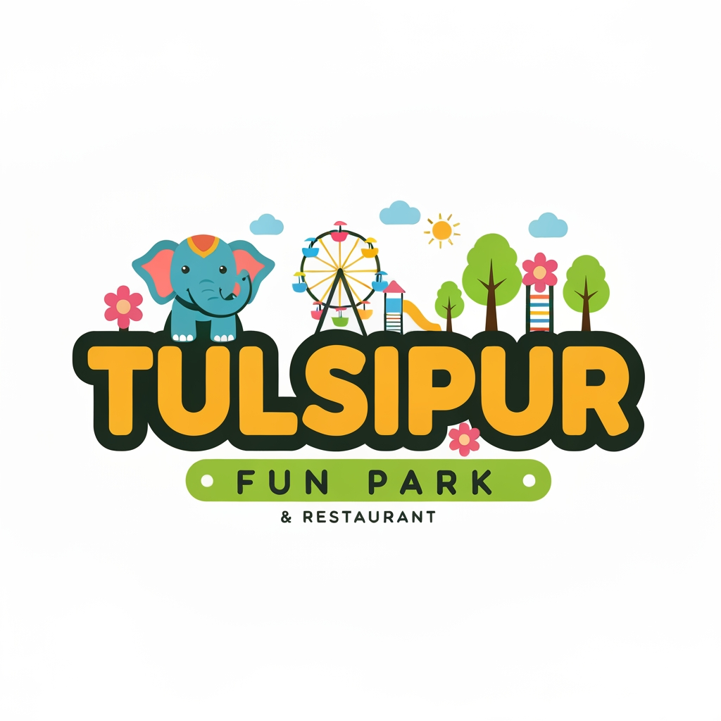 AI Design for Design a premium, colorful, family-friendly vector logo for “TULSIPUR FUN PARK & RESTAURANT” in Tulsipur, Nepal. Create a memorable combination of a playful elephant mascot, fun park elements such as a Ferris wheel/playground, flowers, trees and sunshine, plus a subtle restaurant/food element. Make TULSIPUR FUN PARK large and bold, with & RESTAURANT underneath. Modern rounded typography, vibrant green/yellow/orange/blue/pink palette, clean professional shapes, balanced badge composition, suitable for entrance signage, menus, uniforms, social media and merchandise. Transparent background, flat vector style, crisp, simple, highly recognizable, no mockup, no watermark.
