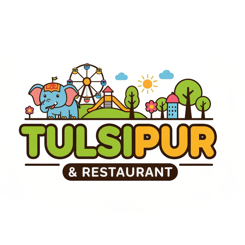 AI Design for Design a premium, colorful, family-friendly vector logo for “TULSIPUR FUN PARK & RESTAURANT” in Tulsipur, Nepal. Create a memorable combination of a playful elephant mascot, fun park elements such as a Ferris wheel/playground, flowers, trees and sunshine, plus a subtle restaurant/food element. Make TULSIPUR FUN PARK large and bold, with & RESTAURANT underneath. Modern rounded typography, vibrant green/yellow/orange/blue/pink palette, clean professional shapes, balanced badge composition, suitable for entrance signage, menus, uniforms, social media and merchandise. Transparent background, flat vector style, crisp, simple, highly recognizable, no mockup, no watermark.