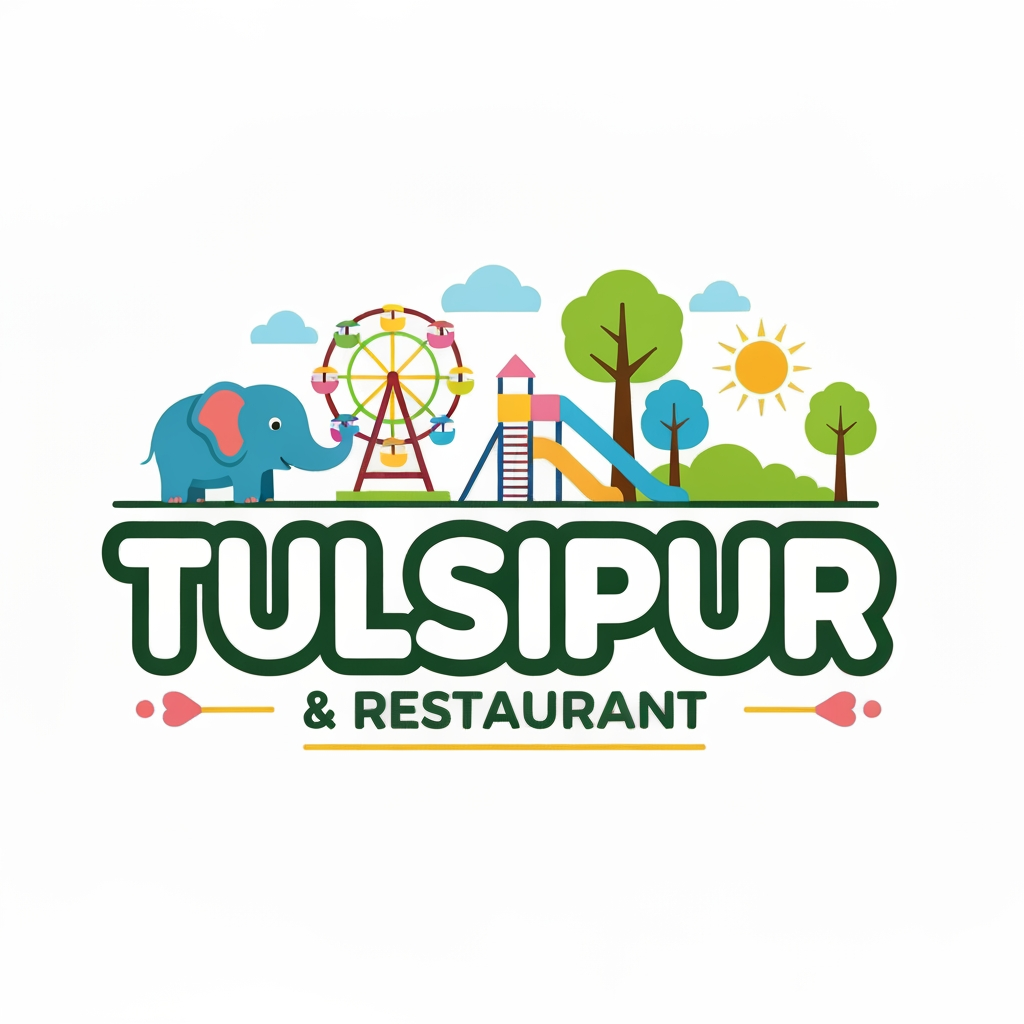 AI Design for Design a premium, colorful, family-friendly vector logo for “TULSIPUR FUN PARK & RESTAURANT” in Tulsipur, Nepal. Create a memorable combination of a playful elephant mascot, fun park elements such as a Ferris wheel/playground, flowers, trees and sunshine, plus a subtle restaurant/food element. Make TULSIPUR FUN PARK large and bold, with & RESTAURANT underneath. Modern rounded typography, vibrant green/yellow/orange/blue/pink palette, clean professional shapes, balanced badge composition, suitable for entrance signage, menus, uniforms, social media and merchandise. Transparent background, flat vector style, crisp, simple, highly recognizable, no mockup, no watermark.