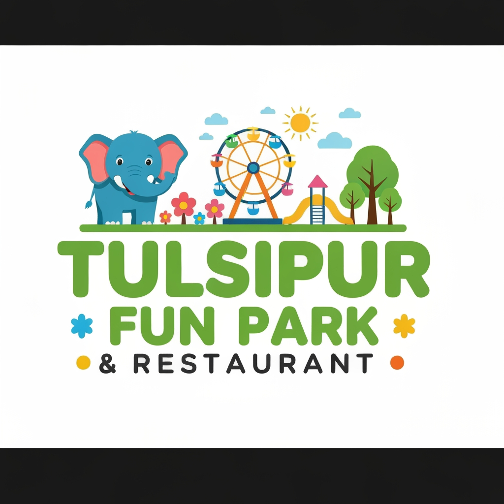 AI Design for Design a premium, colorful, family-friendly vector logo for “TULSIPUR FUN PARK & RESTAURANT” in Tulsipur, Nepal. Create a memorable combination of a playful elephant mascot, fun park elements such as a Ferris wheel/playground, flowers, trees and sunshine, plus a subtle restaurant/food element. Make TULSIPUR FUN PARK large and bold, with & RESTAURANT underneath. Modern rounded typography, vibrant green/yellow/orange/blue/pink palette, clean professional shapes, balanced badge composition, suitable for entrance signage, menus, uniforms, social media and merchandise. Transparent background, flat vector style, crisp, simple, highly recognizable, no mockup, no watermark.