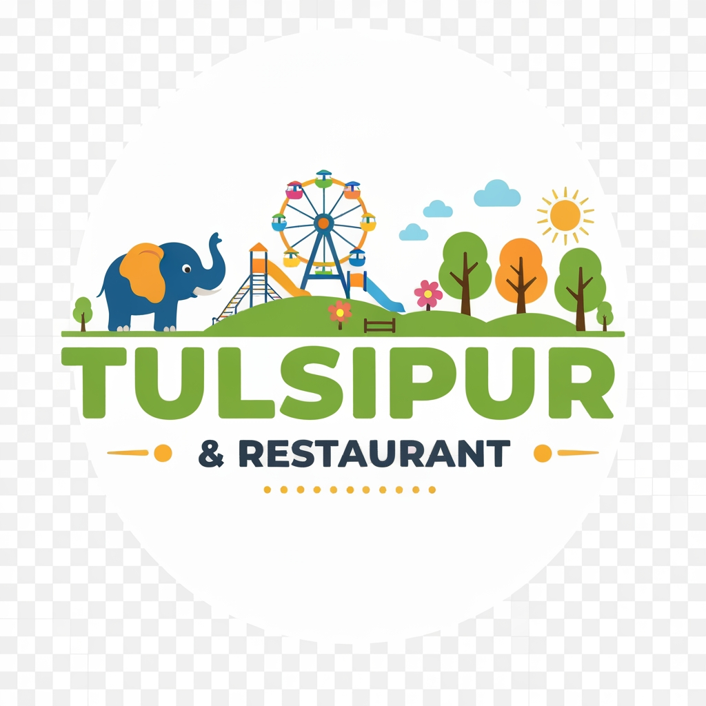 AI Design for Design a premium, colorful, family-friendly vector logo for “TULSIPUR FUN PARK & RESTAURANT” in Tulsipur, Nepal. Create a memorable combination of a playful elephant mascot, fun park elements such as a Ferris wheel/playground, flowers, trees and sunshine, plus a subtle restaurant/food element. Make TULSIPUR FUN PARK large and bold, with & RESTAURANT underneath. Modern rounded typography, vibrant green/yellow/orange/blue/pink palette, clean professional shapes, balanced badge composition, suitable for entrance signage, menus, uniforms, social media and merchandise. Transparent background, flat vector style, crisp, simple, highly recognizable, no mockup, no watermark.