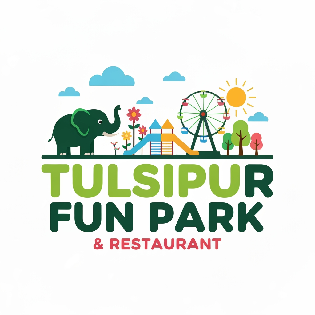 AI Design for Design a premium, colorful, family-friendly vector logo for “TULSIPUR FUN PARK & RESTAURANT” in Tulsipur, Nepal. Create a memorable combination of a playful elephant mascot, fun park elements such as a Ferris wheel/playground, flowers, trees and sunshine, plus a subtle restaurant/food element. Make TULSIPUR FUN PARK large and bold, with & RESTAURANT underneath. Modern rounded typography, vibrant green/yellow/orange/blue/pink palette, clean professional shapes, balanced badge composition, suitable for entrance signage, menus, uniforms, social media and merchandise. Transparent background, flat vector style, crisp, simple, highly recognizable, no mockup, no watermark.