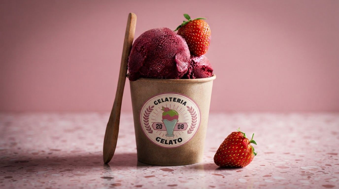AI Design for Main campaign hero visual for  brand. Cinematic advertising image with a clear subject, memorable visual idea, strong depth and lighting, premium art direction, clean negative space for headline and CTA to be added later, no generated text.

Incorporate the attached brand element reference image (Reference A: brand element "Gelateria Gelato") into the composition where natural — preserve the depicted brand element's appearance.