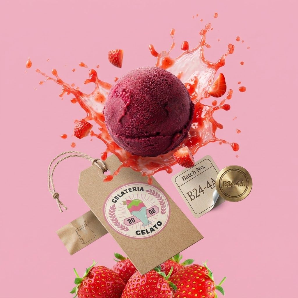 AI Design for Cohesive label system mockup concept for Create an action-oriented shot of a scoop of berry gelato mid-air, surrounded by fresh strawberry splashes to highlight intense flavor and freshness.. Product labels, stickers, seals, hang tags, or small packaging details arranged as a refined identity system, realistic print materials, no invented readable copy.

Incorporate the attached brand element reference image (Reference A: brand element "Gelateria Gelato") into the composition where natural — preserve the depicted brand element's appearance.