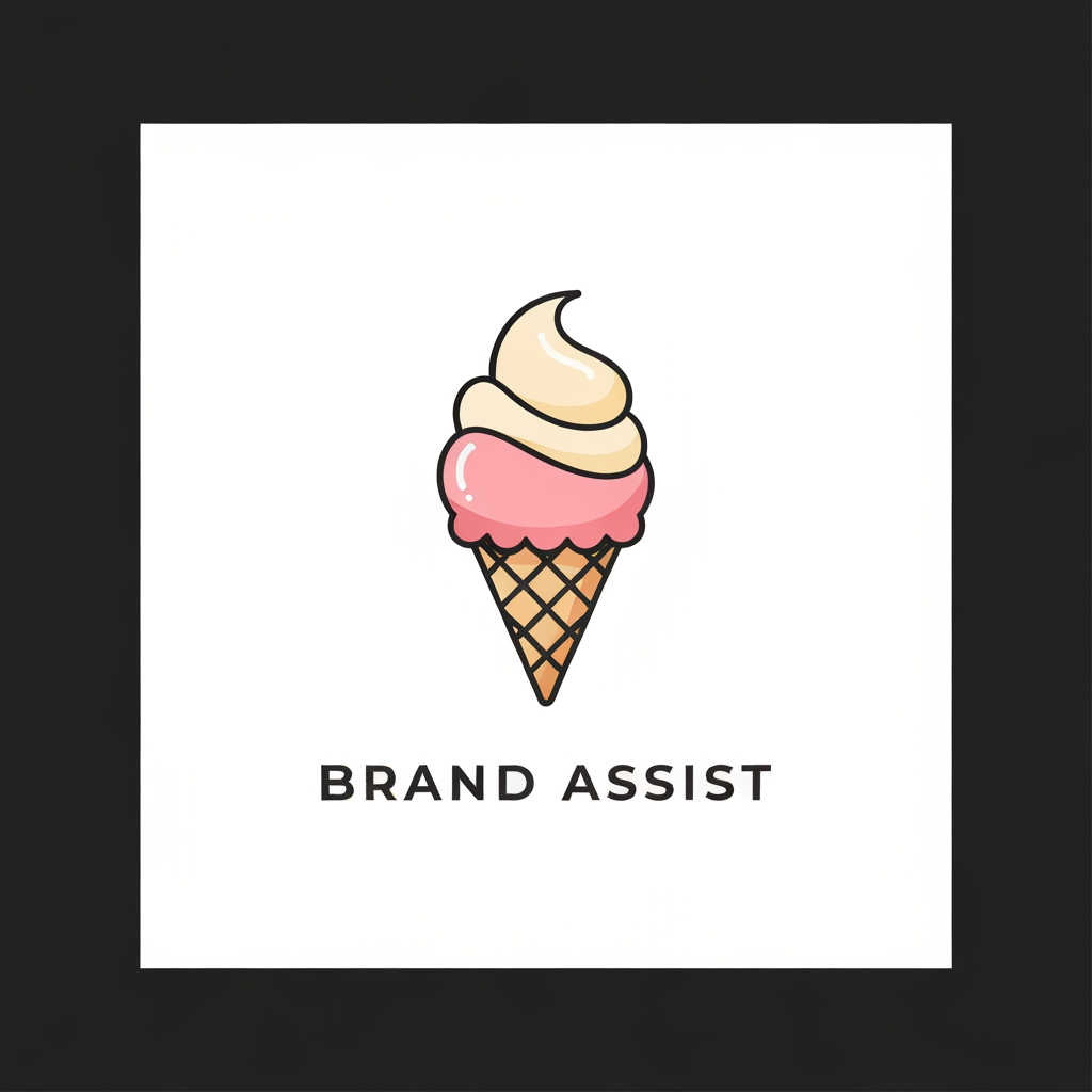 AI Design for Create a premium, cute, modern ice cream brand logo for **“BRAND ASSIST”**. Design a clean, memorable logo featuring a stylish ice cream scoop/cone with a subtle creamy swirl, soft playful shapes, and a polished professional look. Use minimal vector-style artwork, smooth curves, balanced composition, and a simple elegant color palette inspired by strawberry, vanilla, and cream. Make it look like a real commercial ice cream brand logo, suitable for packaging, advertisements, cups, posters, and social media. White or transparent background, centered logo, no mockup, no extra text, high-quality crisp edges, professional branding, visually appealing and instantly recognizable.