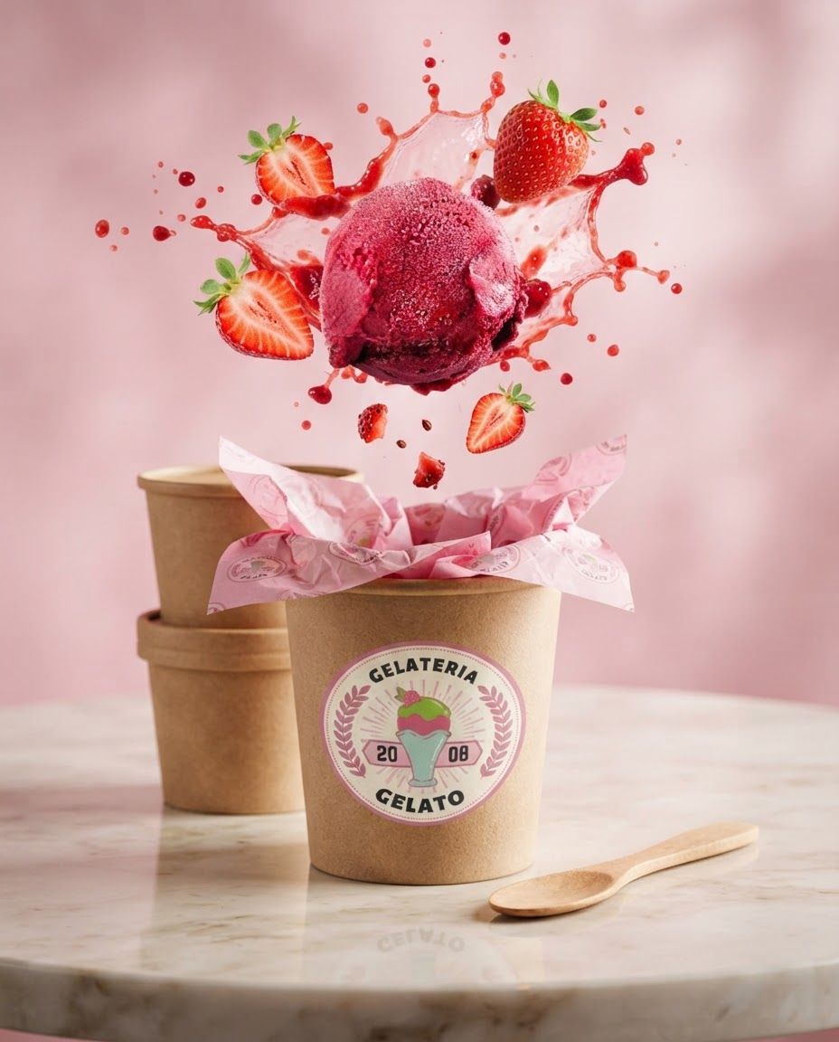AI Design for Packaging and unboxing scene concept for Create an action-oriented shot of a scoop of berry gelato mid-air, surrounded by fresh strawberry splashes to highlight intense flavor and freshness.. Product and packaging arranged in a polished tabletop composition, realistic folds, inserts, tissue, or box details where appropriate, premium ecommerce styling, no invented readable copy.

Incorporate the attached brand element reference image (Reference A: brand element "Gelateria Gelato") into the composition where natural — preserve the depicted brand element's appearance.