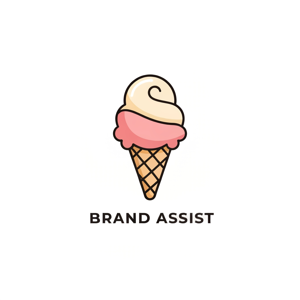 AI Design for Create a premium, cute, modern ice cream brand logo for **“BRAND ASSIST”**. Design a clean, memorable logo featuring a stylish ice cream scoop/cone with a subtle creamy swirl, soft playful shapes, and a polished professional look. Use minimal vector-style artwork, smooth curves, balanced composition, and a simple elegant color palette inspired by strawberry, vanilla, and cream. Make it look like a real commercial ice cream brand logo, suitable for packaging, advertisements, cups, posters, and social media. White or transparent background, centered logo, no mockup, no extra text, high-quality crisp edges, professional branding, visually appealing and instantly recognizable.