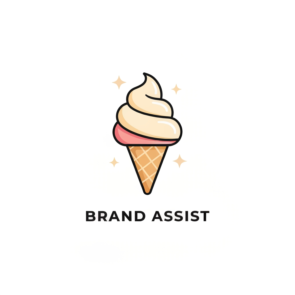 AI Design for Create a premium, cute, modern ice cream brand logo for **“BRAND ASSIST”**. Design a clean, memorable logo featuring a stylish ice cream scoop/cone with a subtle creamy swirl, soft playful shapes, and a polished professional look. Use minimal vector-style artwork, smooth curves, balanced composition, and a simple elegant color palette inspired by strawberry, vanilla, and cream. Make it look like a real commercial ice cream brand logo, suitable for packaging, advertisements, cups, posters, and social media. White or transparent background, centered logo, no mockup, no extra text, high-quality crisp edges, professional branding, visually appealing and instantly recognizable.