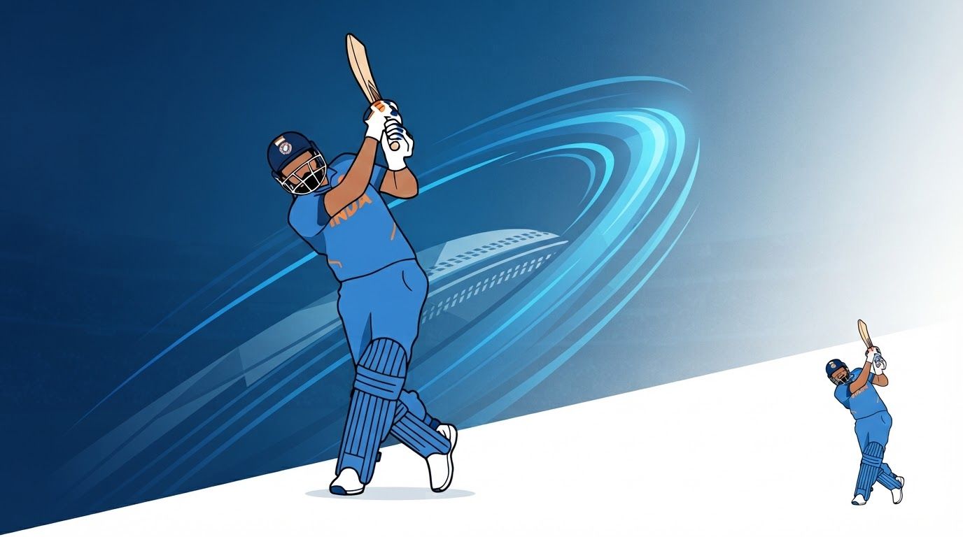 AI Design for Website hero image concept for Create a high-energy vector illustration of a cricket player in a powerful batting stance, featuring bold flat colors and clean outlines to capture the intensity of professional sports.. Wide polished digital brand visual, clear focal identity element, cohesive colors and atmosphere, generous negative space for headline and CTA to be added later, no rendered UI text.

Incorporate the attached brand element reference image (Reference A: brand element "Cricket Batter Vector") into the composition where natural — preserve the depicted brand element's appearance.