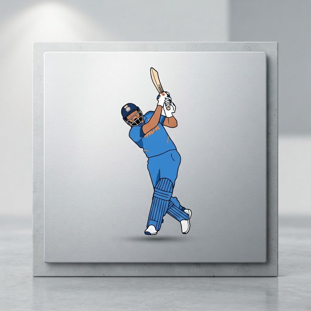 AI Design for Premium logo presentation mockup concept for Create a high-energy vector illustration of a cricket player in a powerful batting stance, featuring bold flat colors and clean outlines to capture the intensity of professional sports.. Logo or brand mark displayed on a clean neutral surface with subtle depth, refined shadow, precise alignment, elegant design-studio presentation, no extra readable text.

Incorporate the attached brand element reference image (Reference A: brand element "Cricket Batter Vector") into the composition where natural — preserve the depicted brand element's appearance.