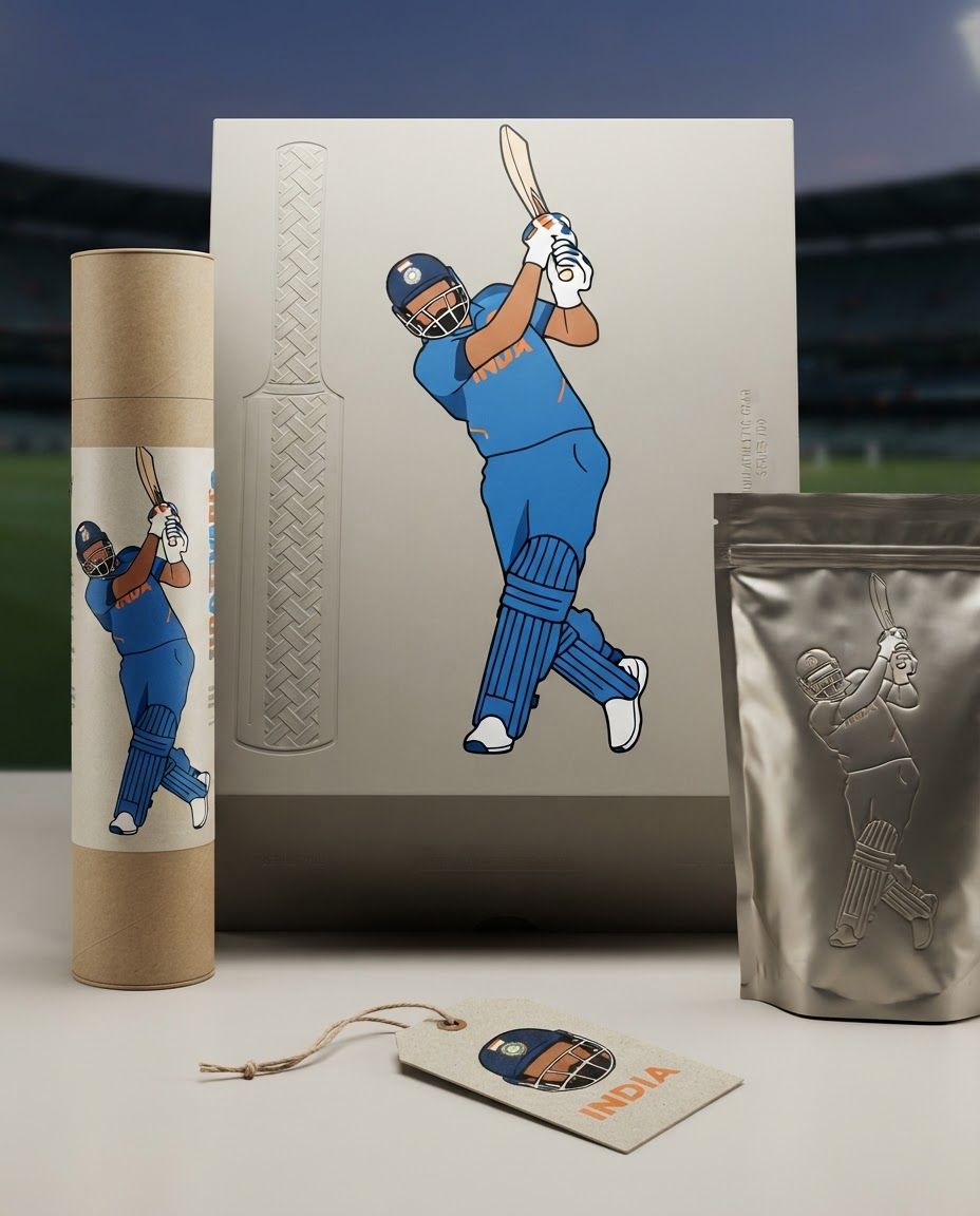AI Design for Premium packaging mockup concept for Create a high-energy vector illustration of a cricket player in a powerful batting stance, featuring bold flat colors and clean outlines to capture the intensity of professional sports.. Brand identity applied to realistic boxes, pouches, labels, wraps, or bags as appropriate, polished tabletop scene, tactile materials, no invented readable copy.

Incorporate the attached brand element reference image (Reference A: brand element "Cricket Batter Vector") into the composition where natural — preserve the depicted brand element's appearance.