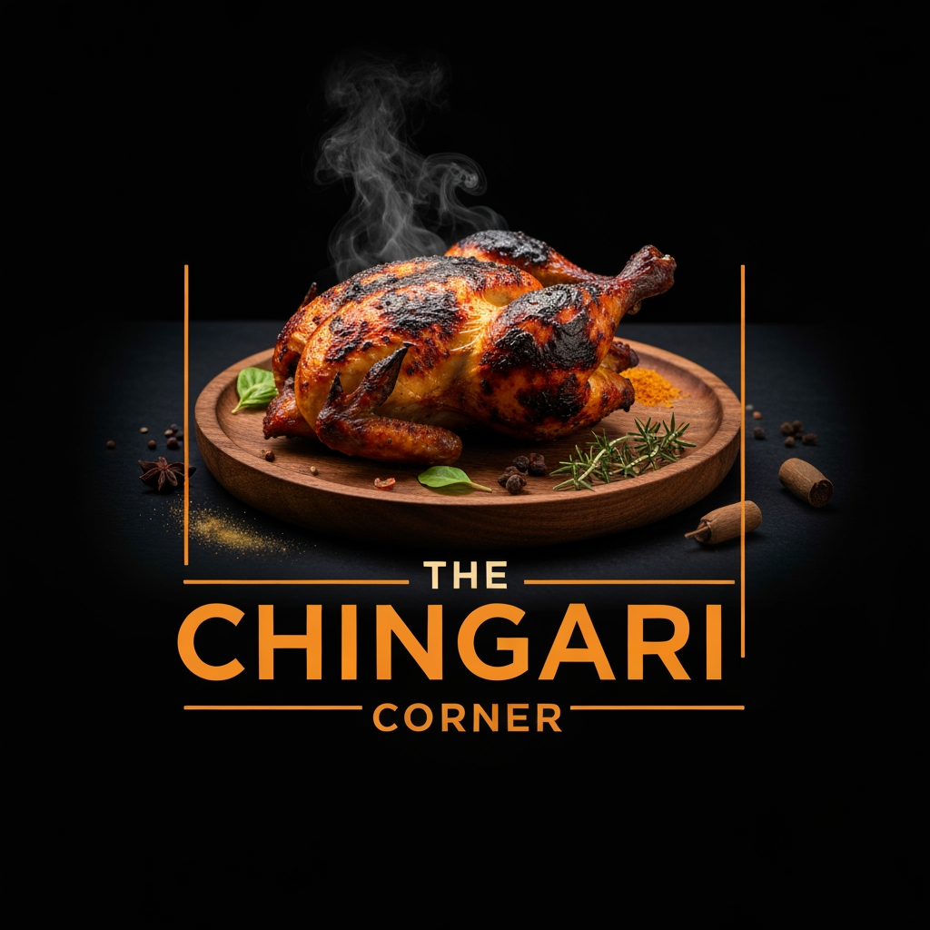 AI Design for generate asthatic logo for chicken restaurant whose name is [the  chingari  corner] using rosted chicken image