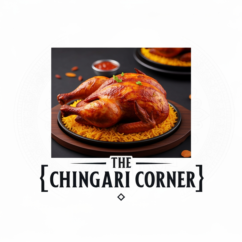 AI Design for generate asthatic logo for chicken restaurant whose name is [the  chingari  corner] using rosted chicken image