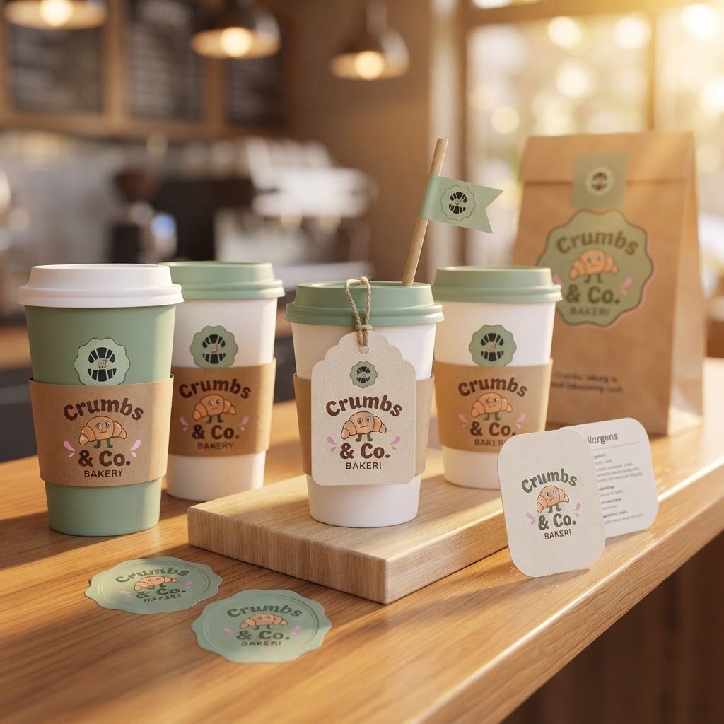AI Design for Cohesive label system mockup concept for Create a comprehensive packaging system for Crumbs & Co. Bakery, showcasing consistent logo placement on coffee cups, paper bags, and stickers with a clean, inviting look.. Product labels, stickers, seals, hang tags, or small packaging details arranged as a refined identity system, realistic print materials, no invented readable copy.

Incorporate the attached brand element reference image (Reference A: brand element "Crumbs & Co.") into the composition where natural — preserve the depicted brand element's appearance.