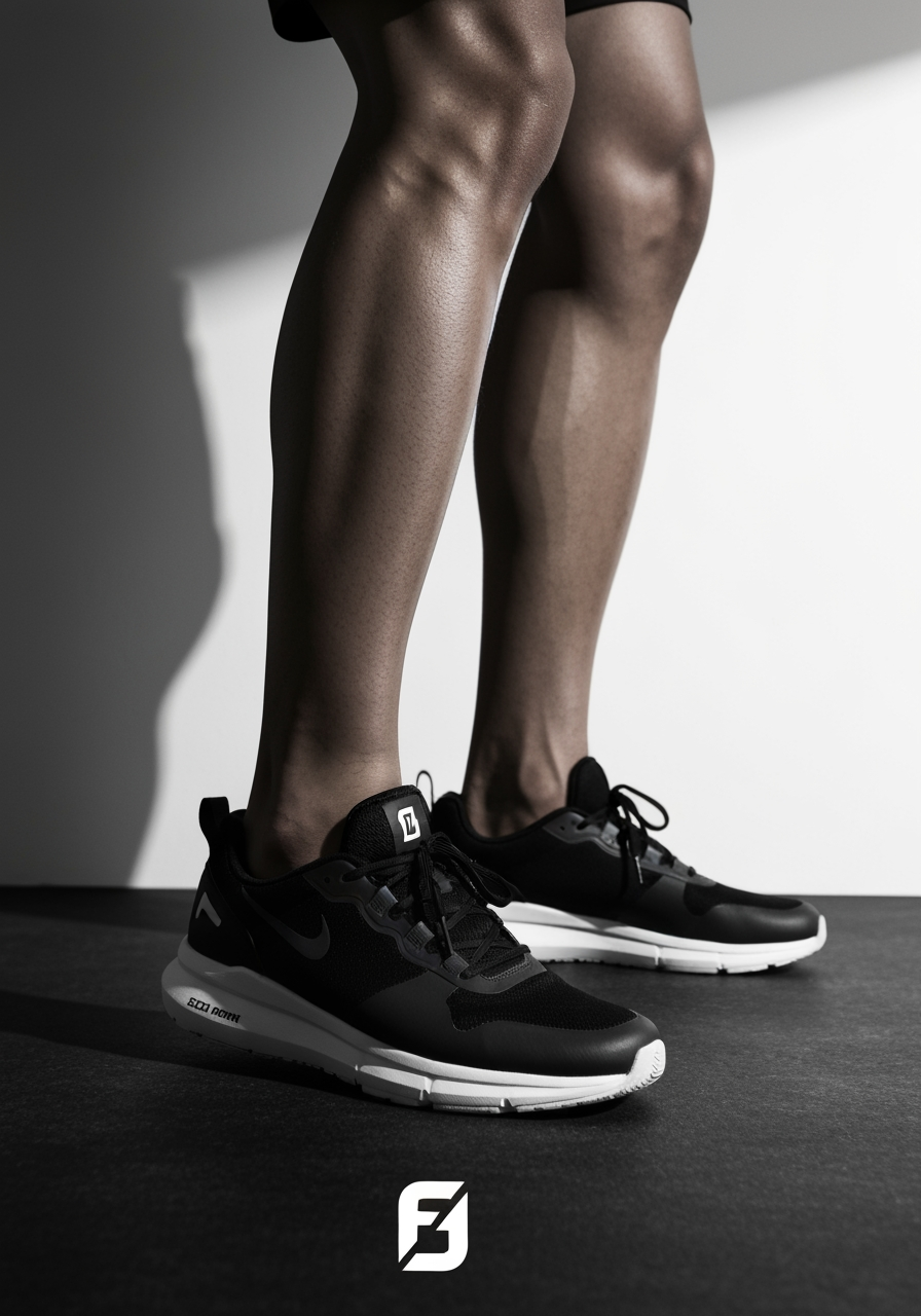 AI Design for Paid ad visual concept for Logo for a shoe brand. Performance-focused portrait composition, clear product or benefit cue, bold contrast, uncluttered background, open area for offer copy to be added later, no readable text.