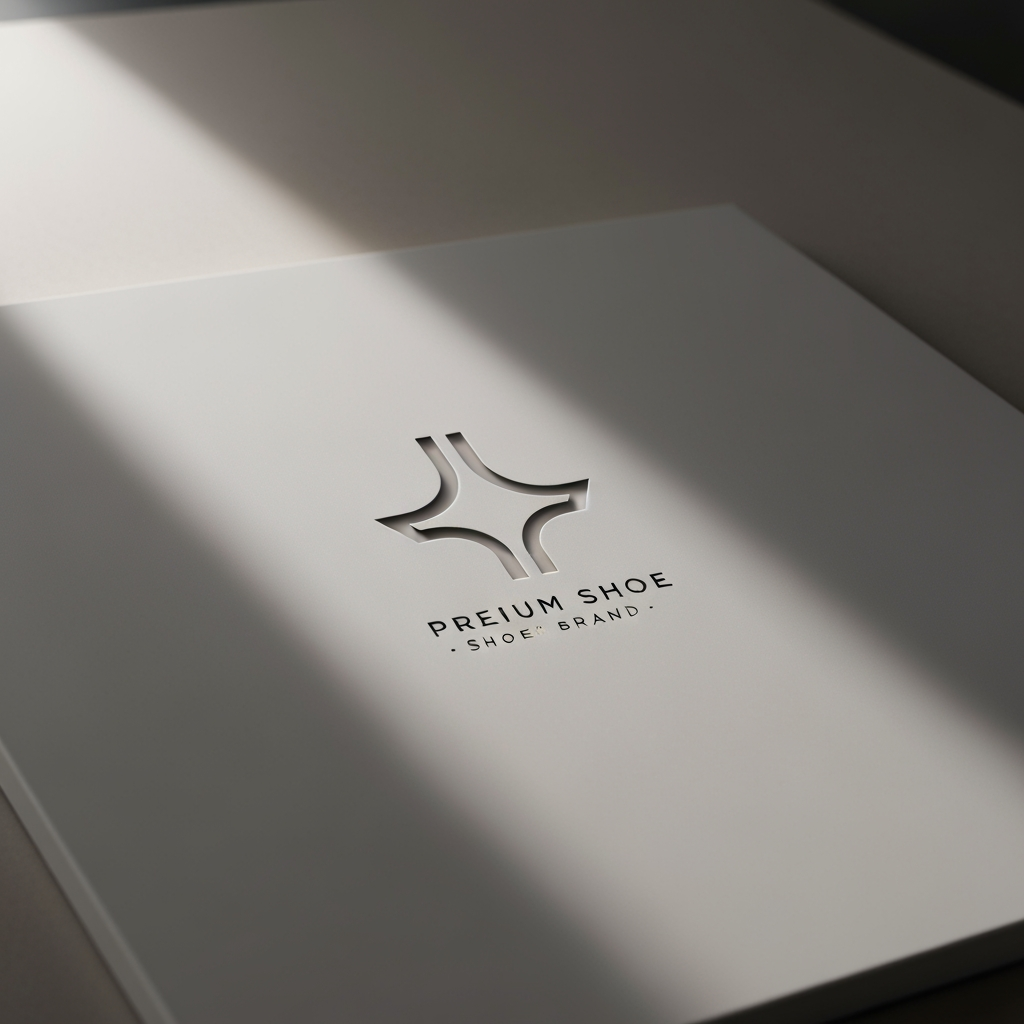 AI Design for Premium logo presentation mockup concept for Logo for a shoe brand. Logo or brand mark displayed on a clean neutral surface with subtle depth, refined shadow, precise alignment, elegant design-studio presentation, no extra readable text.