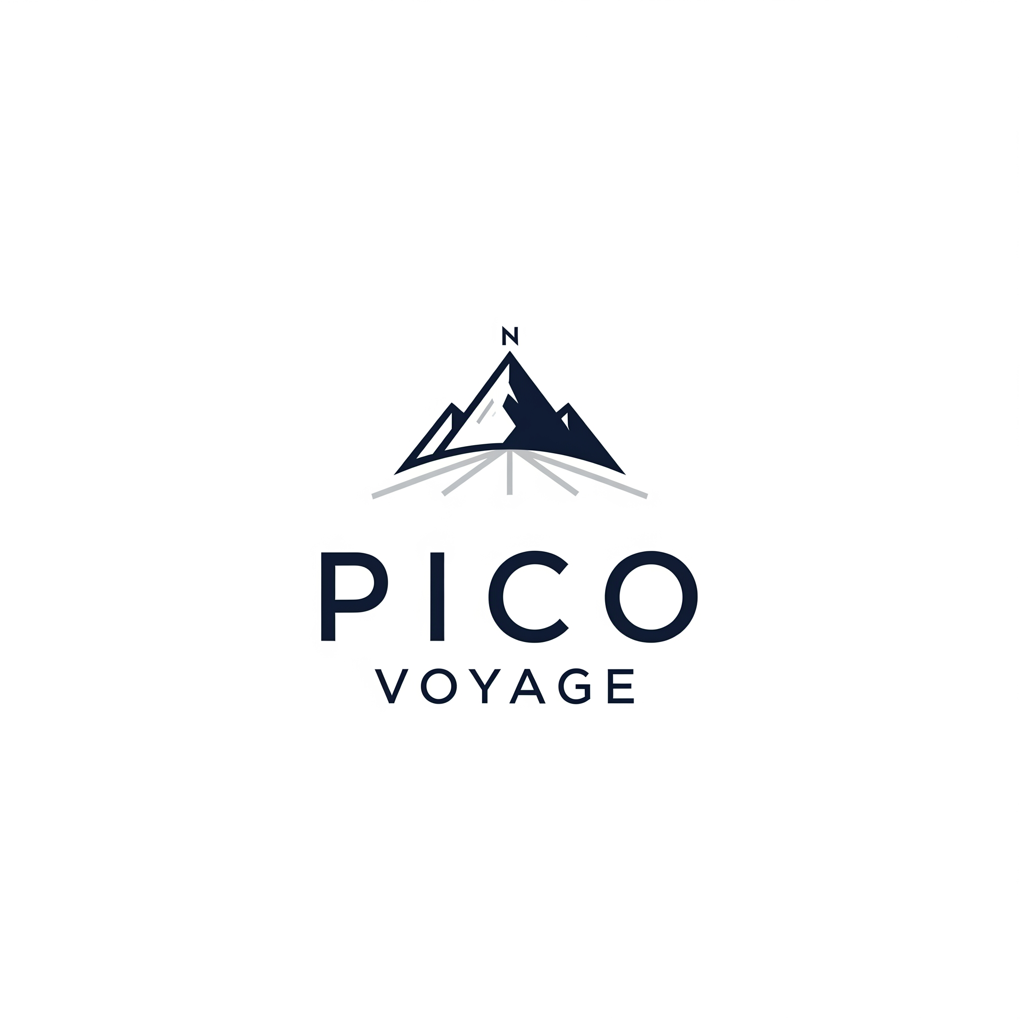 AI Design for A professional, minimalist logo for a travel brand named 'Pico Voyage'. The design should feature a clean, modern icon that combines a small geometric mountain or compass element with sleek, bold typography. High-end, sophisticated aesthetic, vector style, white background, flat design.