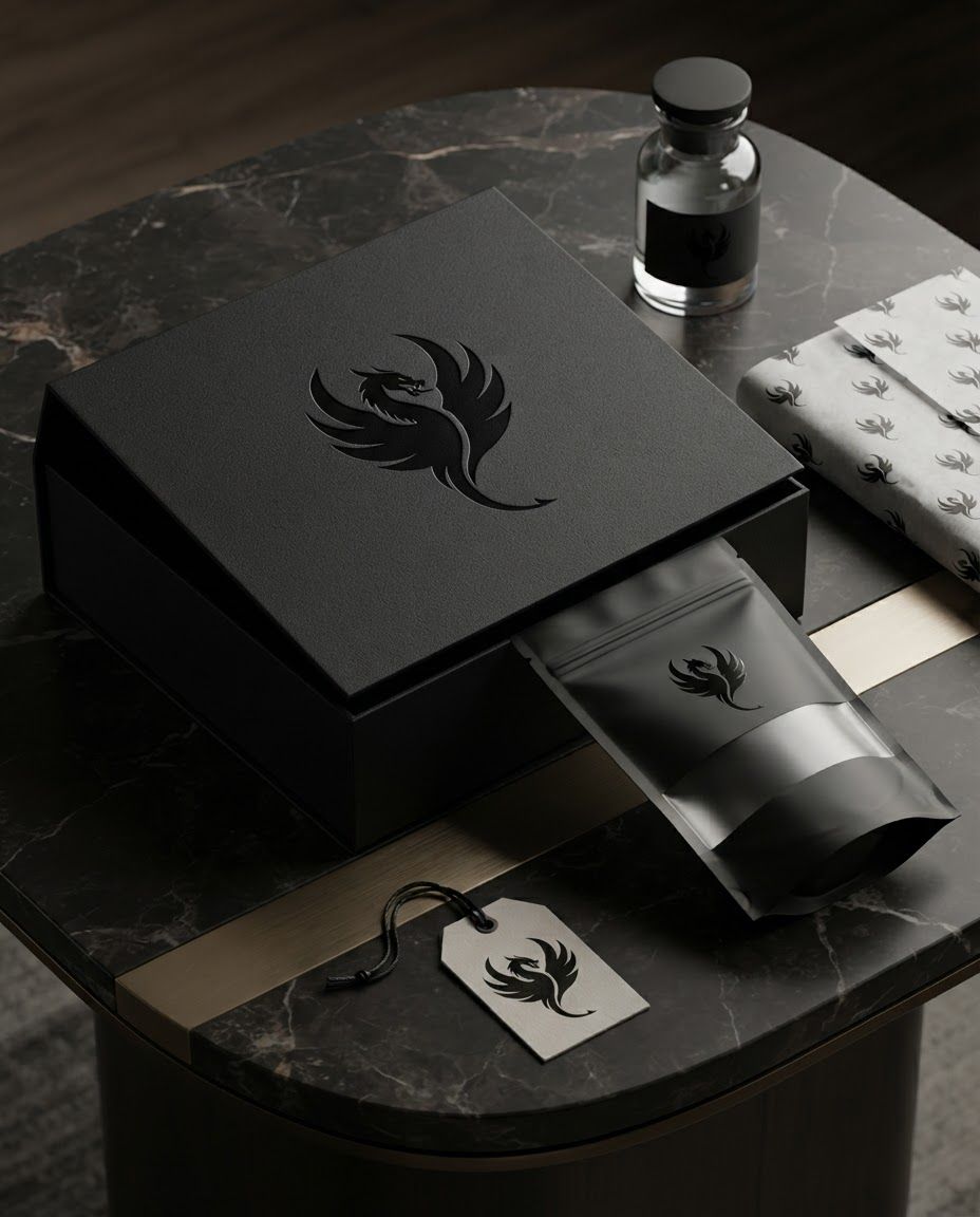 AI Design for Premium packaging mockup concept for Create a bold, minimalist dragon logo featuring clean lines and a high-contrast black and white aesthetic that conveys strength and authority for modern brand identity.. Brand identity applied to realistic boxes, pouches, labels, wraps, or bags as appropriate, polished tabletop scene, tactile materials, no invented readable copy.

Incorporate the attached brand element reference image (Reference A: brand element "Dragon Silhouette Logo") into the composition where natural — preserve the depicted brand element's appearance.