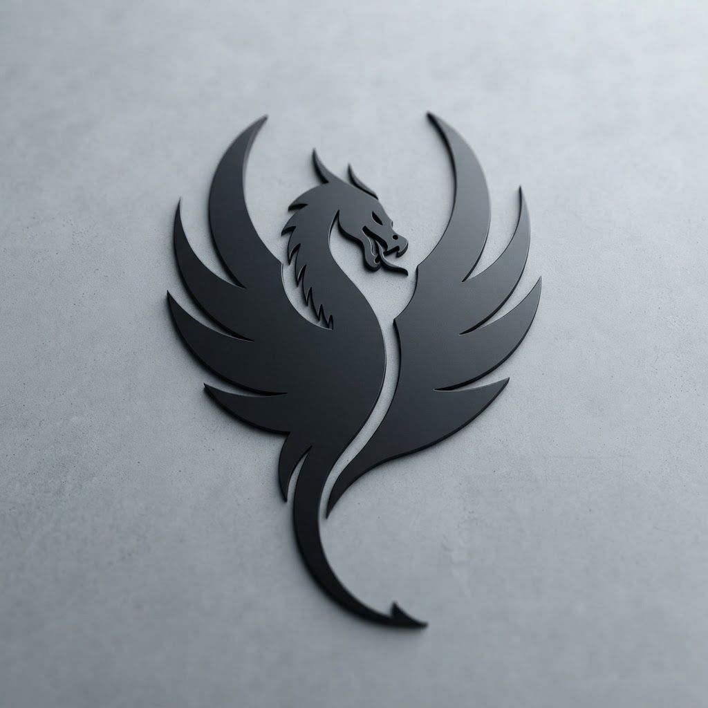 AI Design for Premium logo presentation mockup concept for Create a bold, minimalist dragon logo featuring clean lines and a high-contrast black and white aesthetic that conveys strength and authority for modern brand identity.. Logo or brand mark displayed on a clean neutral surface with subtle depth, refined shadow, precise alignment, elegant design-studio presentation, no extra readable text.

Incorporate the attached brand element reference image (Reference A: brand element "Dragon Silhouette Logo") into the composition where natural — preserve the depicted brand element's appearance.