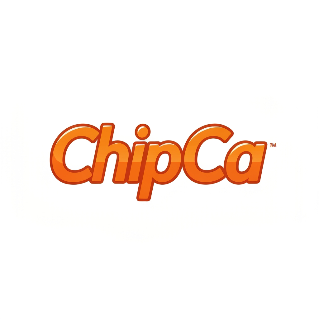 AI Design for A modern, bold, and playful wordmark logo for a snack brand called "ChipCa". Clean sans-serif typography with a slight curvature to the letters to suggest crunchiness, minimalist aesthetic, vector style, white background, high contrast, professional branding.