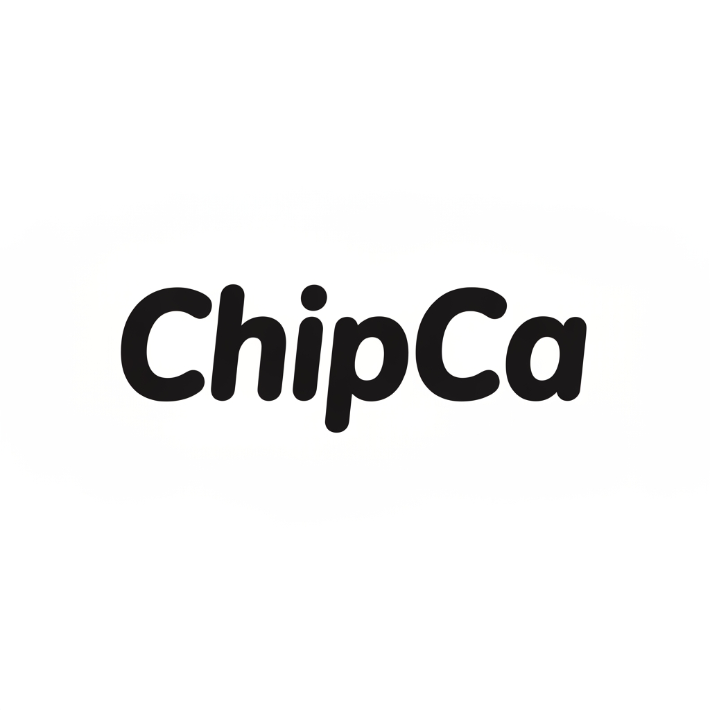 AI Design for A modern, bold, and playful wordmark logo for a snack brand called "ChipCa". Clean sans-serif typography with a slight curvature to the letters to suggest crunchiness, minimalist aesthetic, vector style, white background, high contrast, professional branding.