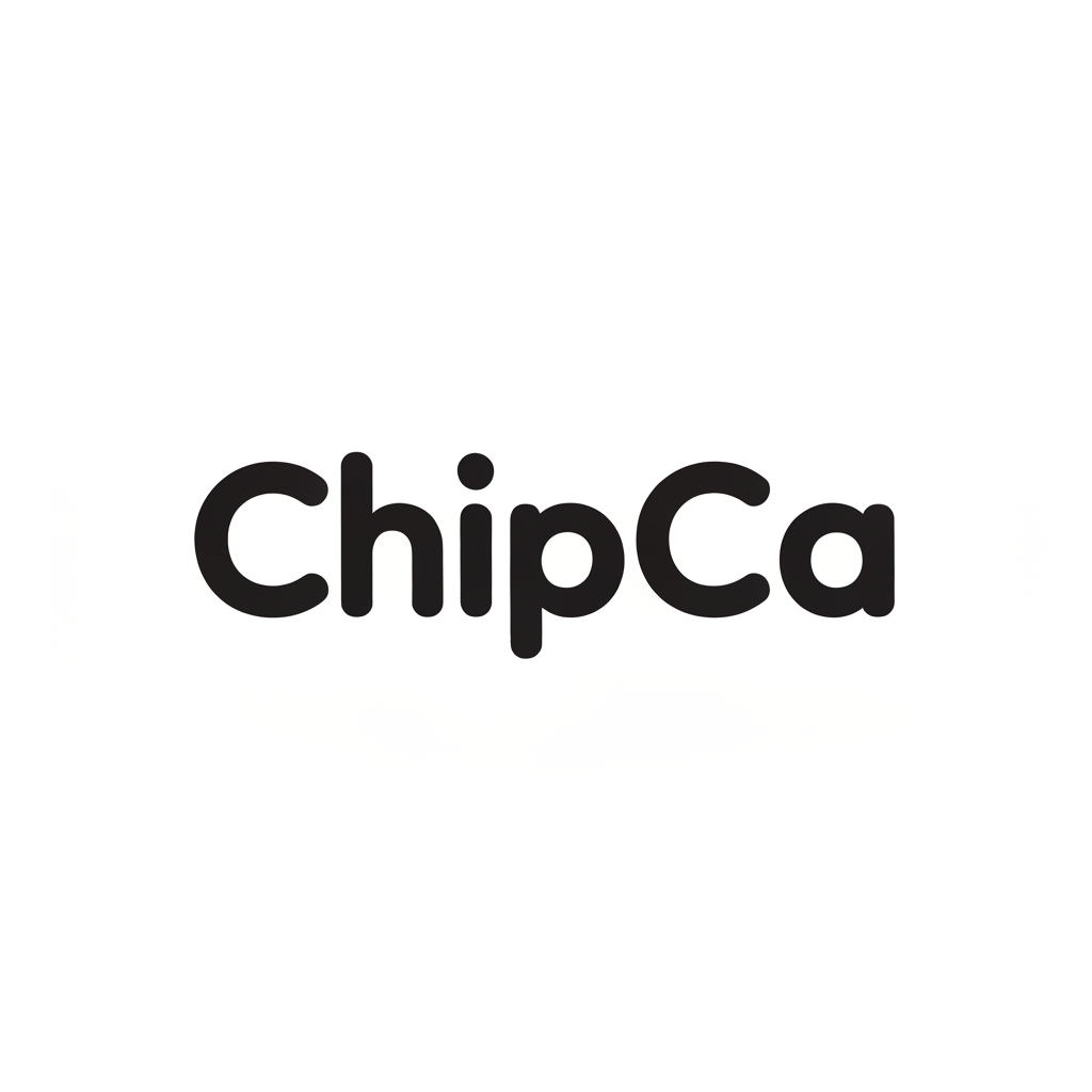 AI Design for A modern, bold, and playful wordmark logo for a snack brand called "ChipCa". Clean sans-serif typography with a slight curvature to the letters to suggest crunchiness, minimalist aesthetic, vector style, white background, high contrast, professional branding.