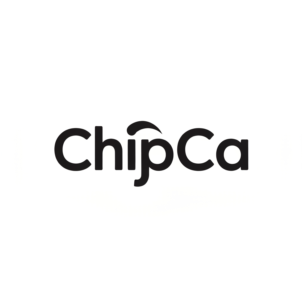 AI Design for A modern, bold, and playful wordmark logo for a snack brand called "ChipCa". Clean sans-serif typography with a slight curvature to the letters to suggest crunchiness, minimalist aesthetic, vector style, white background, high contrast, professional branding.
