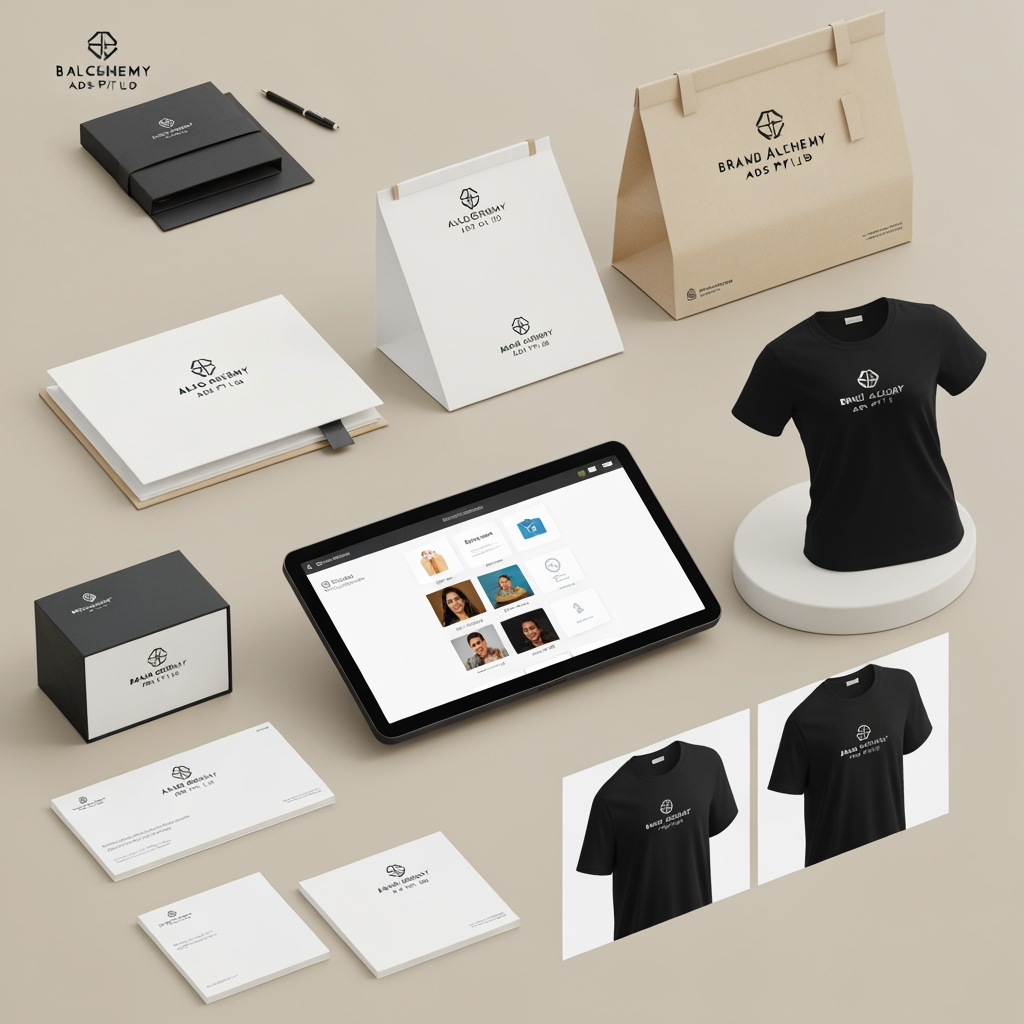AI Design for Brand application mockup concept for brand alchemy ads pvt ltd. Multiple branded touchpoints in one refined composition, such as stationery, packaging, digital screen, signage, or apparel, realistic materials, no invented readable copy.
