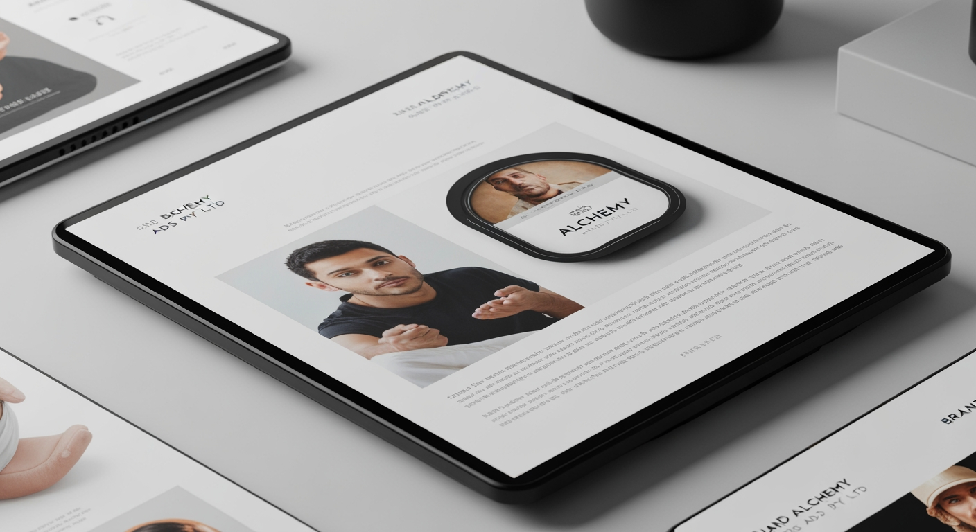 AI Design for Client presentation mockup concept for brand alchemy ads pvt ltd. Polished scene showing the design direction applied to a realistic surface, screen, poster, or object, premium agency presentation style, no readable placeholder text.