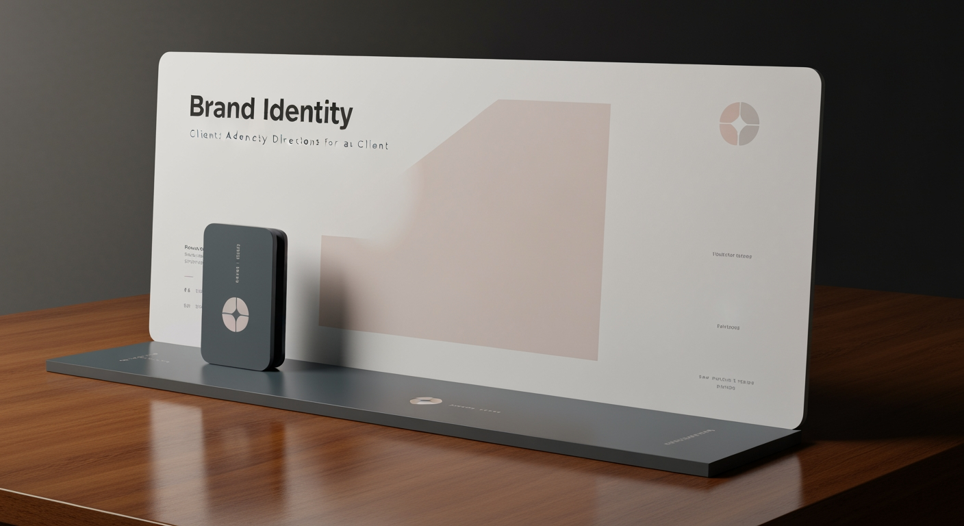 AI Design for Client presentation mockup concept for Brand identity directions for a client. Polished scene showing the design direction applied to a realistic surface, screen, poster, or object, premium agency presentation style, no readable placeholder text.