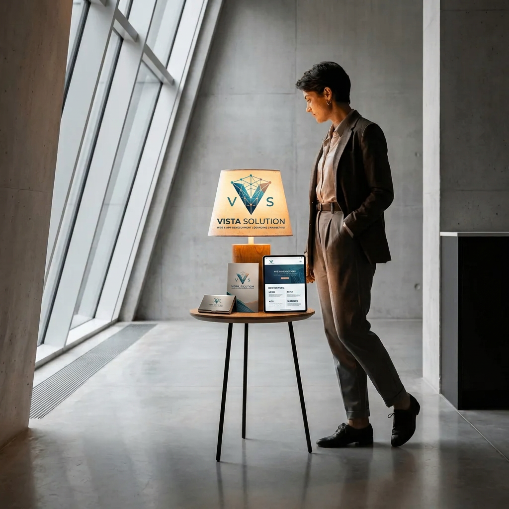 AI Design for design a logo, for "VISTA SOLUTION" a web development agency. our primary work is web/app development. our secondary work is brand promotion, mockup/cataloge design, UI/UX, social media marketing, ads promotion.

Apply the following visual style: A creative model product photograph of {{product}}, next to a clearly visible person in a clean architectural interior with strong lines and perspective, controlled studio lighting, premium commercial photography style.

The last reference image is a design/composition template: match its layout, framing, and overall visual style while following the user's prompt for subject matter where indicated.