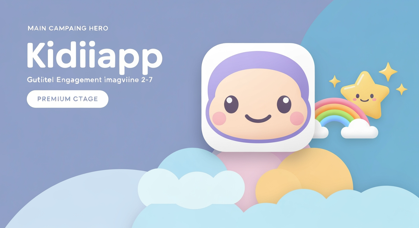AI Design for Main campaign hero visual concept for Create a cute, playful, modern logo for **Kidiiapp**, a children’s engagement app designed for kids aged 2–7.
Design a friendly mascot-style icon that feels **safe, joyful, educational, imaginative, and trustworthy**. Use soft rounded shapes and subtle playful elements such as a smiling character, star, cloud, rainbow, or sparkles.
Use a cheerful but soft palette of **pastel purple, pink, sky blue, warm yellow, and white**. Keep the colors balanced and avoid an overly bright or cluttered appeara. Cinematic advertising image with a clear subject, memorable visual idea, strong depth and lighting, premium art direction, clean negative space for headline and CTA to be added later, no generated text.