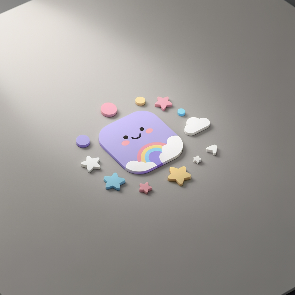 AI Design for Premium logo presentation mockup concept for Create a cute, playful, modern logo for **Kidiiapp**, a children’s engagement app designed for kids aged 2–7.
Design a friendly mascot-style icon that feels **safe, joyful, educational, imaginative, and trustworthy**. Use soft rounded shapes and subtle playful elements such as a smiling character, star, cloud, rainbow, or sparkles.
Use a cheerful but soft palette of **pastel purple, pink, sky blue, warm yellow, and white**. Keep the colors balanced and avoid an overly bright or cluttered appeara. Logo or brand mark displayed on a clean neutral surface with subtle depth, refined shadow, precise alignment, elegant design-studio presentation, no extra readable text.