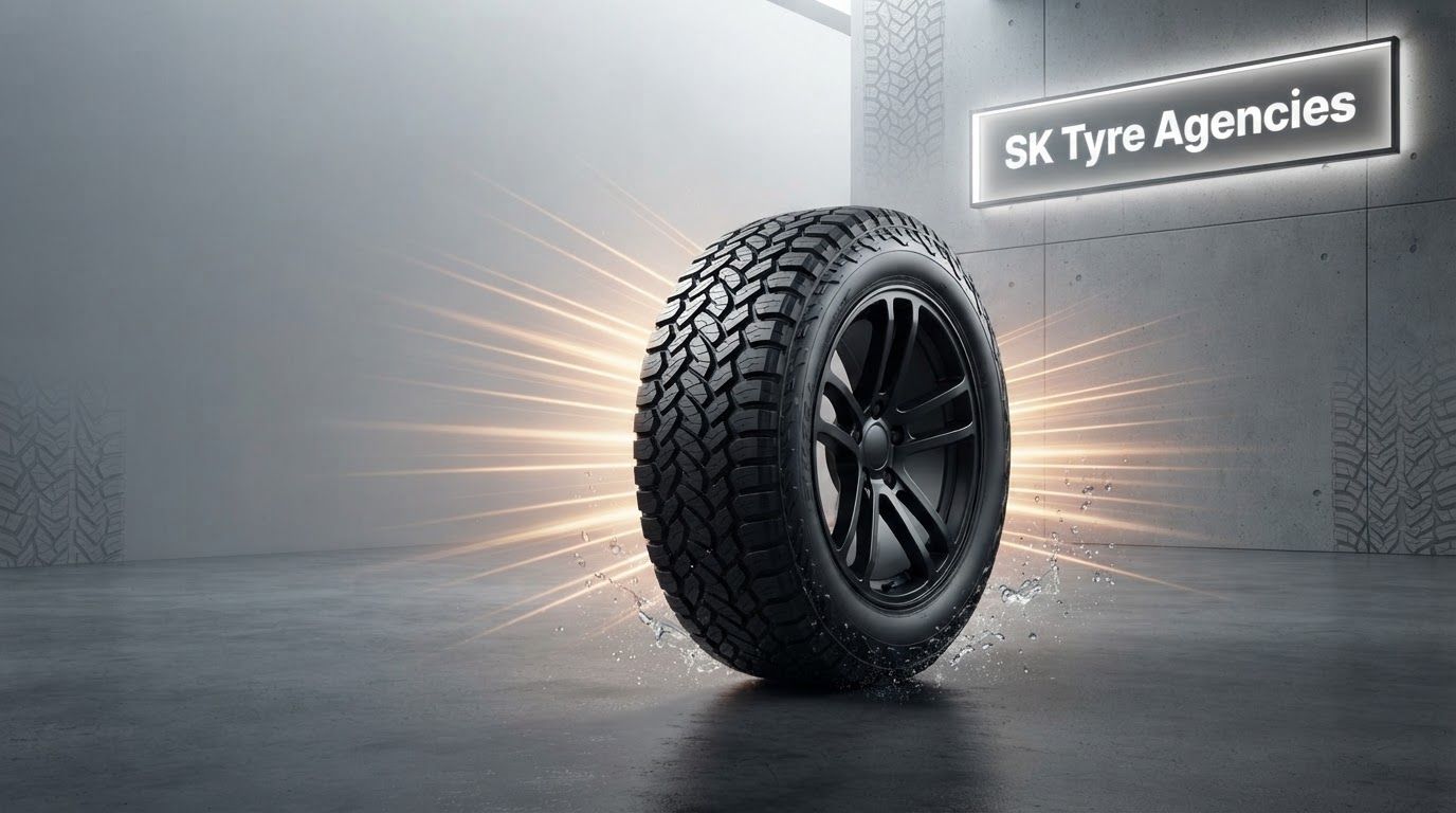 AI Design for Landscape launch announcement visual for brand. Energetic campaign image, strong focal object or scene, clean branded atmosphere, generous open space for announcement copy to be added later, no rendered typography.
Incorporate the attached brand element reference image (Reference A: brand element "SK Tyre Agencies") into the composition where natural — preserve the depicted brand element's appearance.
