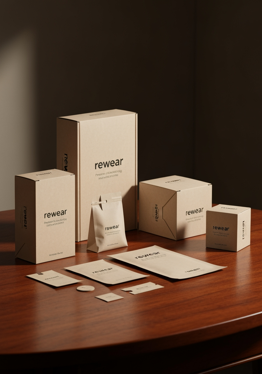 AI Design for Premium packaging mockup concept for i need a logo for cloth exchanging platform as the name rewear. Brand identity applied to realistic boxes, pouches, labels, wraps, or bags as appropriate, polished tabletop scene, tactile materials, no invented readable copy.