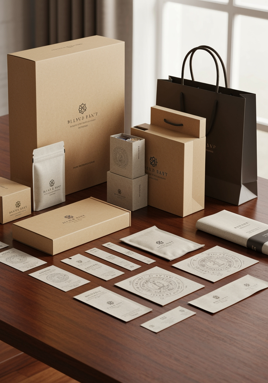 AI Design for Premium packaging mockup concept for Brand identity for my personal brand. Brand identity applied to realistic boxes, pouches, labels, wraps, or bags as appropriate, polished tabletop scene, tactile materials, no invented readable copy.