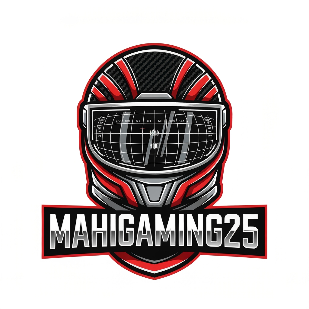 AI Design for A professional gaming channel mascot logo featuring a sleek, futuristic helmet visor reflecting a digital simulation grid or heads-up display (HUD). High-contrast vector art style. The color palette features racing red, carbon fiber black, and metallic silver. Underneath the helmet, the text "MahiGaming25" is written in a bold, mechanical, blocky font. Symmetrical composition, sharp clean lines, 2D emblem graphic design, perfect for a YouTube profile picture.