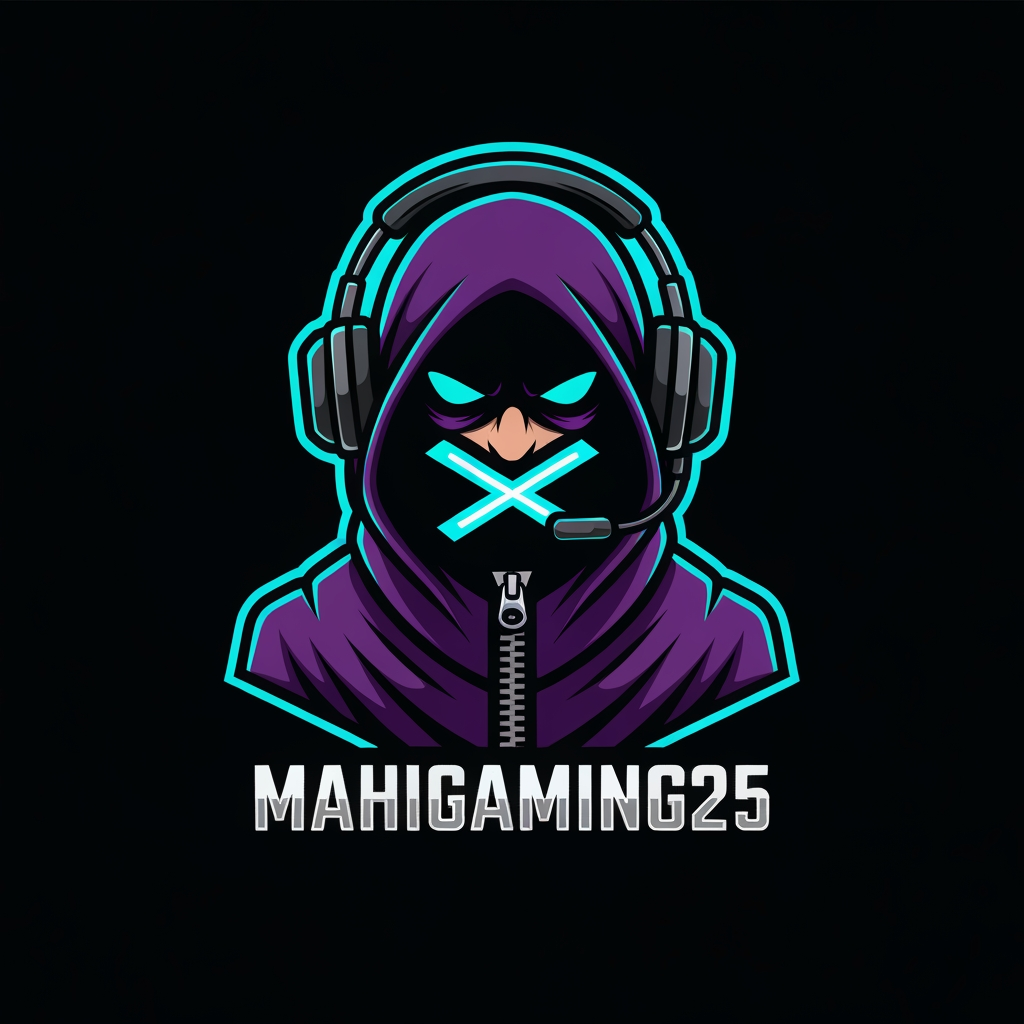 AI Design for An esports avatar mascot logo of a cool, mysterious hooded gamer character wearing sleek gaming headphones, with a stylized glowing neon "X" or zipper over the mouth area to symbolize "No Commentary". Bold vector lines, high-end sticker style. Colors: deep purple, neon cyan, and matte black. The text "MahiGaming25" is written across the bottom in a bold, chiseled 3D gaming font. Clean edges, masterpiece composition, solid black background.