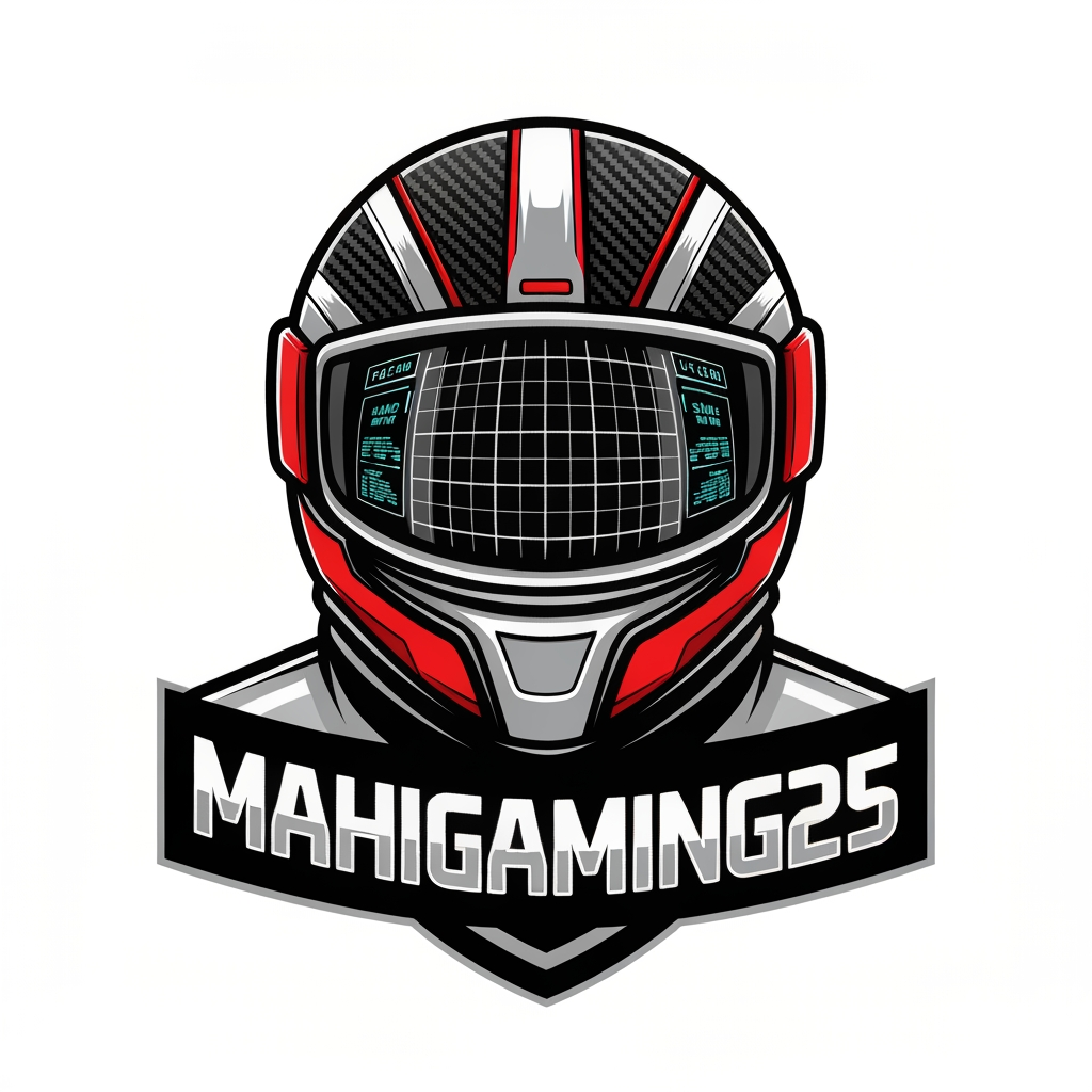 AI Design for A professional gaming channel mascot logo featuring a sleek, futuristic helmet visor reflecting a digital simulation grid or heads-up display (HUD). High-contrast vector art style. The color palette features racing red, carbon fiber black, and metallic silver. Underneath the helmet, the text "MahiGaming25" is written in a bold, mechanical, blocky font. Symmetrical composition, sharp clean lines, 2D emblem graphic design, perfect for a YouTube profile picture.