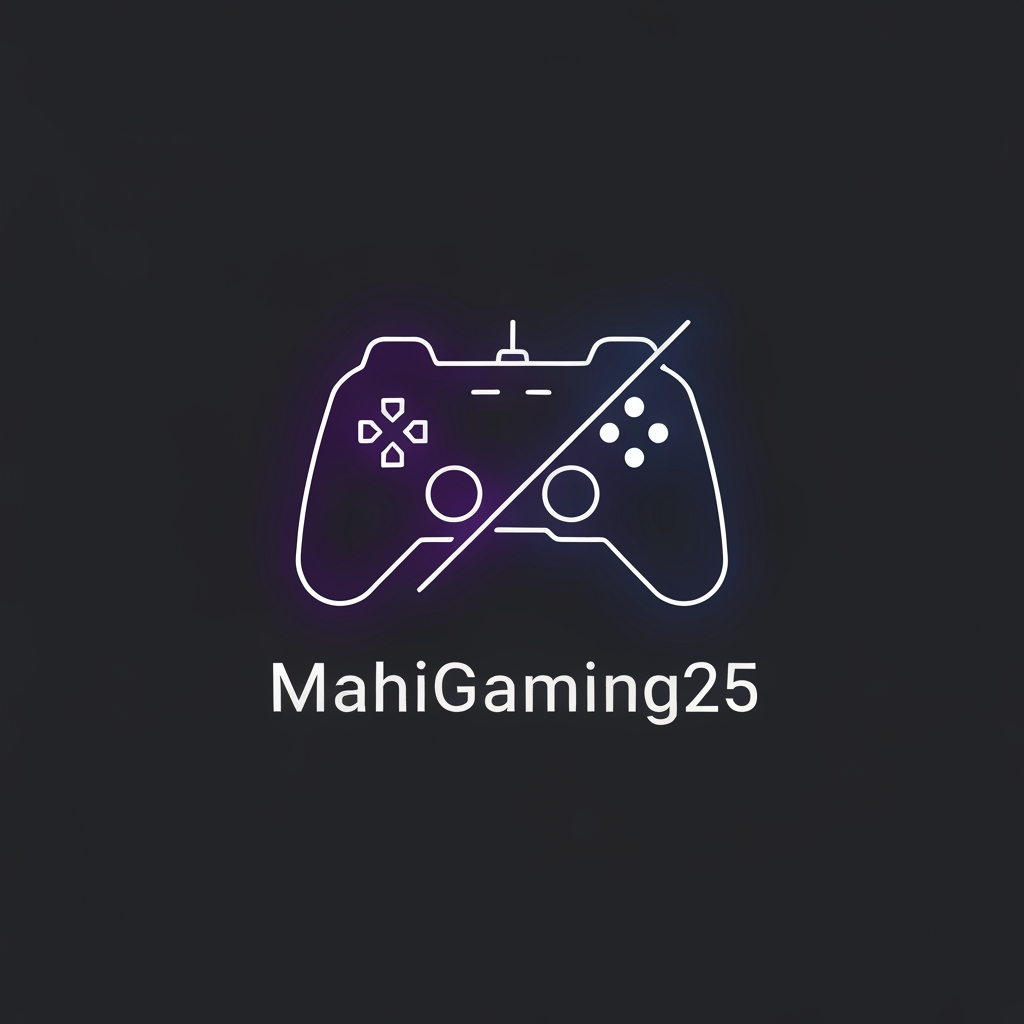 AI Design for A minimalist and modern gaming logo featuring a sleek, glowing neon game controller icon seamlessly merged with a "mute" or "soundwave silence" symbol. High-tech, clean vector emblem style. Dark synthwave aesthetic with deep midnight blue, electric violet, and minimalist white accents. Below the icon, the text "MahiGaming25" is written in a clean, sharp, futuristic font. Perfectly centered, high contrast, isolated on a solid dark grey background, professional 2D flat icon style, YouTube avatar ready.