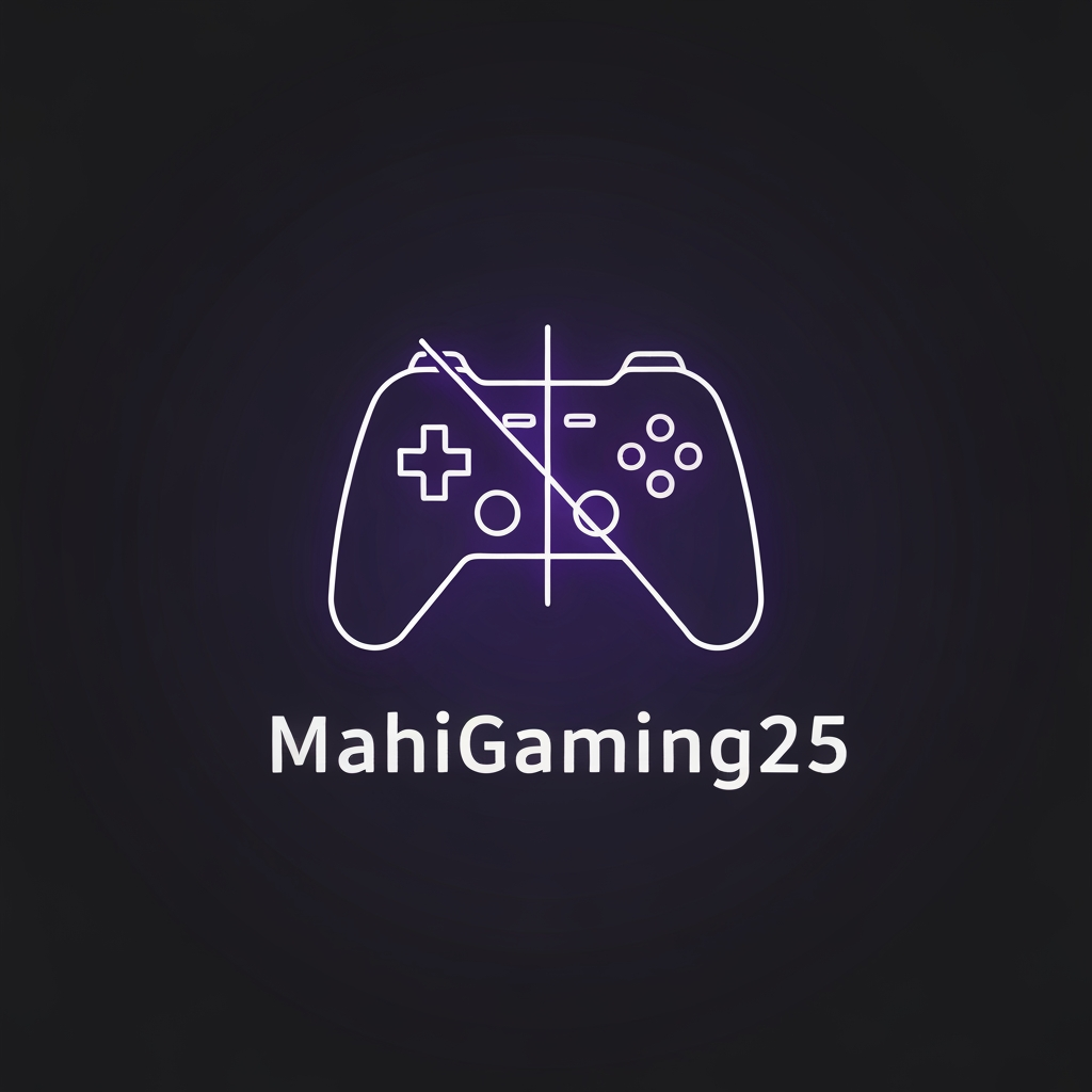 AI Design for A minimalist and modern gaming logo featuring a sleek, glowing neon game controller icon seamlessly merged with a "mute" or "soundwave silence" symbol. High-tech, clean vector emblem style. Dark synthwave aesthetic with deep midnight blue, electric violet, and minimalist white accents. Below the icon, the text "MahiGaming25" is written in a clean, sharp, futuristic font. Perfectly centered, high contrast, isolated on a solid dark grey background, professional 2D flat icon style, YouTube avatar ready.