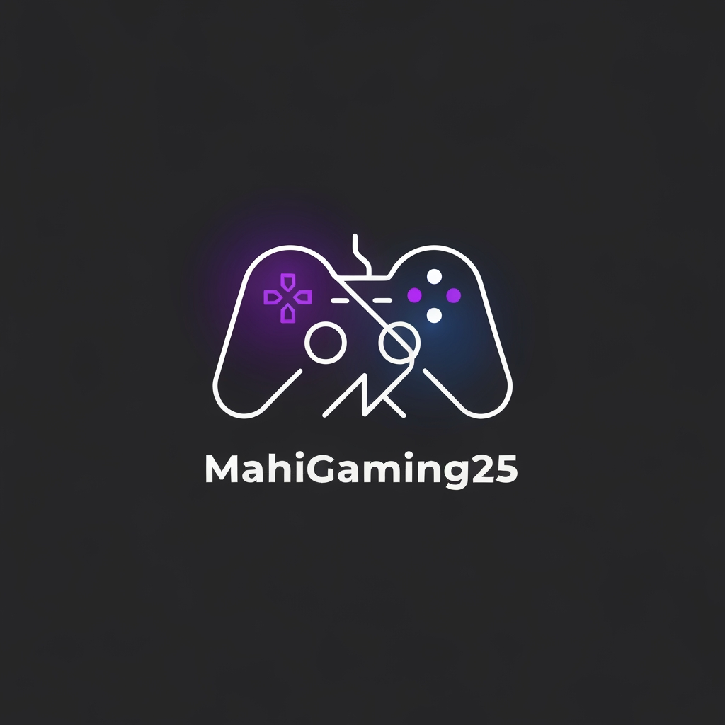 AI Design for A minimalist and modern gaming logo featuring a sleek, glowing neon game controller icon seamlessly merged with a "mute" or "soundwave silence" symbol. High-tech, clean vector emblem style. Dark synthwave aesthetic with deep midnight blue, electric violet, and minimalist white accents. Below the icon, the text "MahiGaming25" is written in a clean, sharp, futuristic font. Perfectly centered, high contrast, isolated on a solid dark grey background, professional 2D flat icon style, YouTube avatar ready.