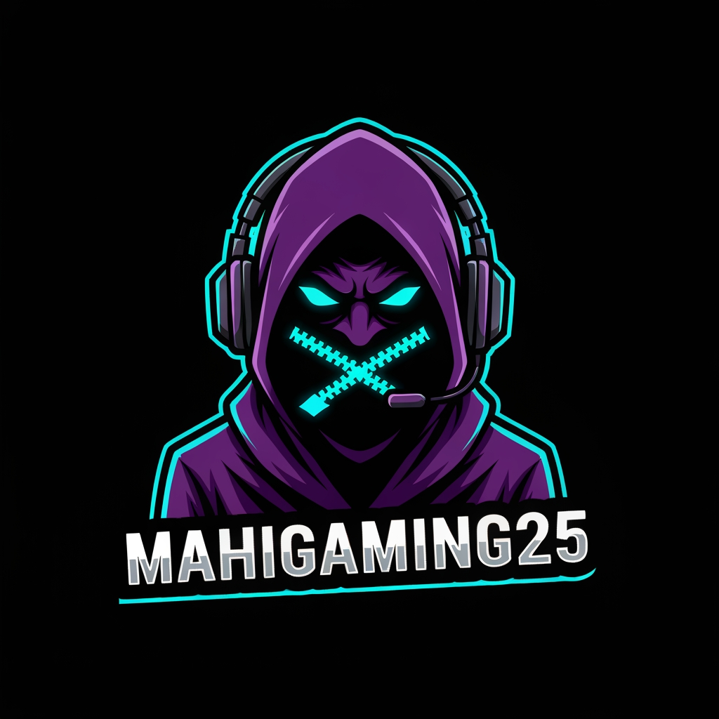 AI Design for An esports avatar mascot logo of a cool, mysterious hooded gamer character wearing sleek gaming headphones, with a stylized glowing neon "X" or zipper over the mouth area to symbolize "No Commentary". Bold vector lines, high-end sticker style. Colors: deep purple, neon cyan, and matte black. The text "MahiGaming25" is written across the bottom in a bold, chiseled 3D gaming font. Clean edges, masterpiece composition, solid black background.